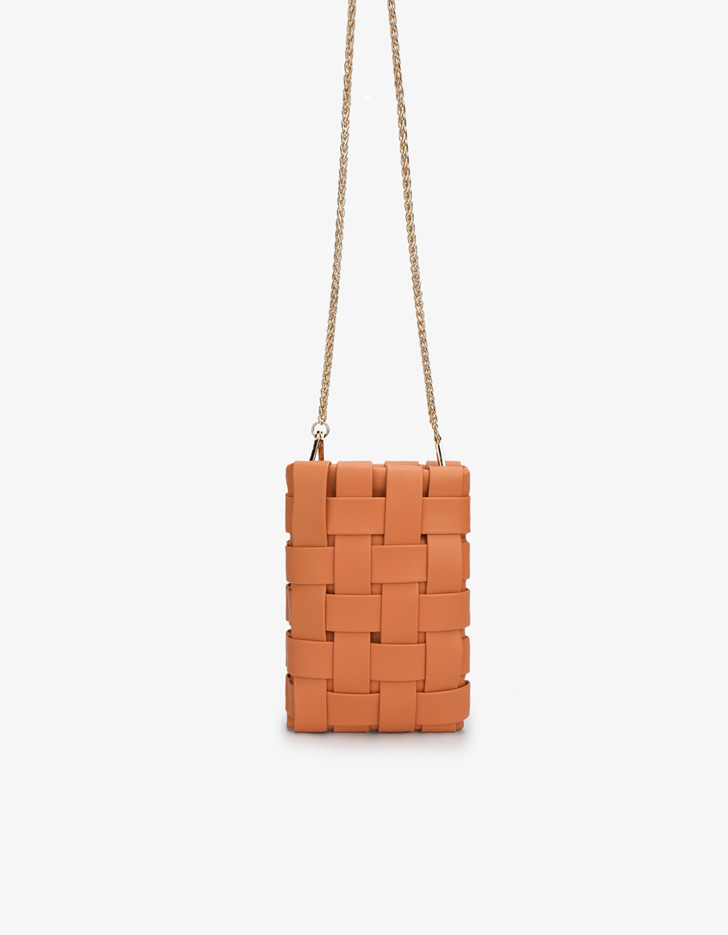 Orange woven handbag with chain strap by Remi and Reid.