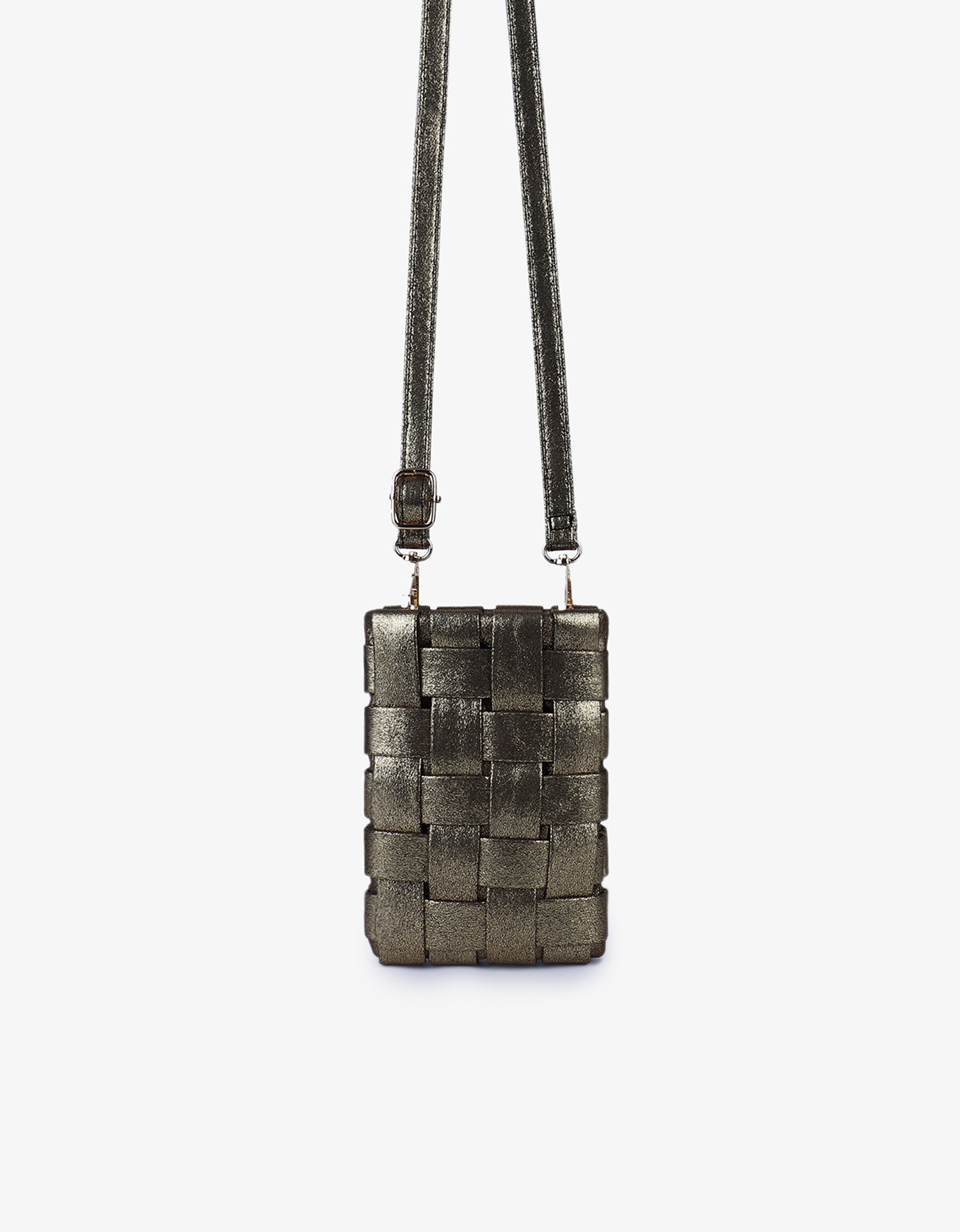 Woven cellphone bag in metallic gold with adjustable crossbody strap by Remi and Reid.