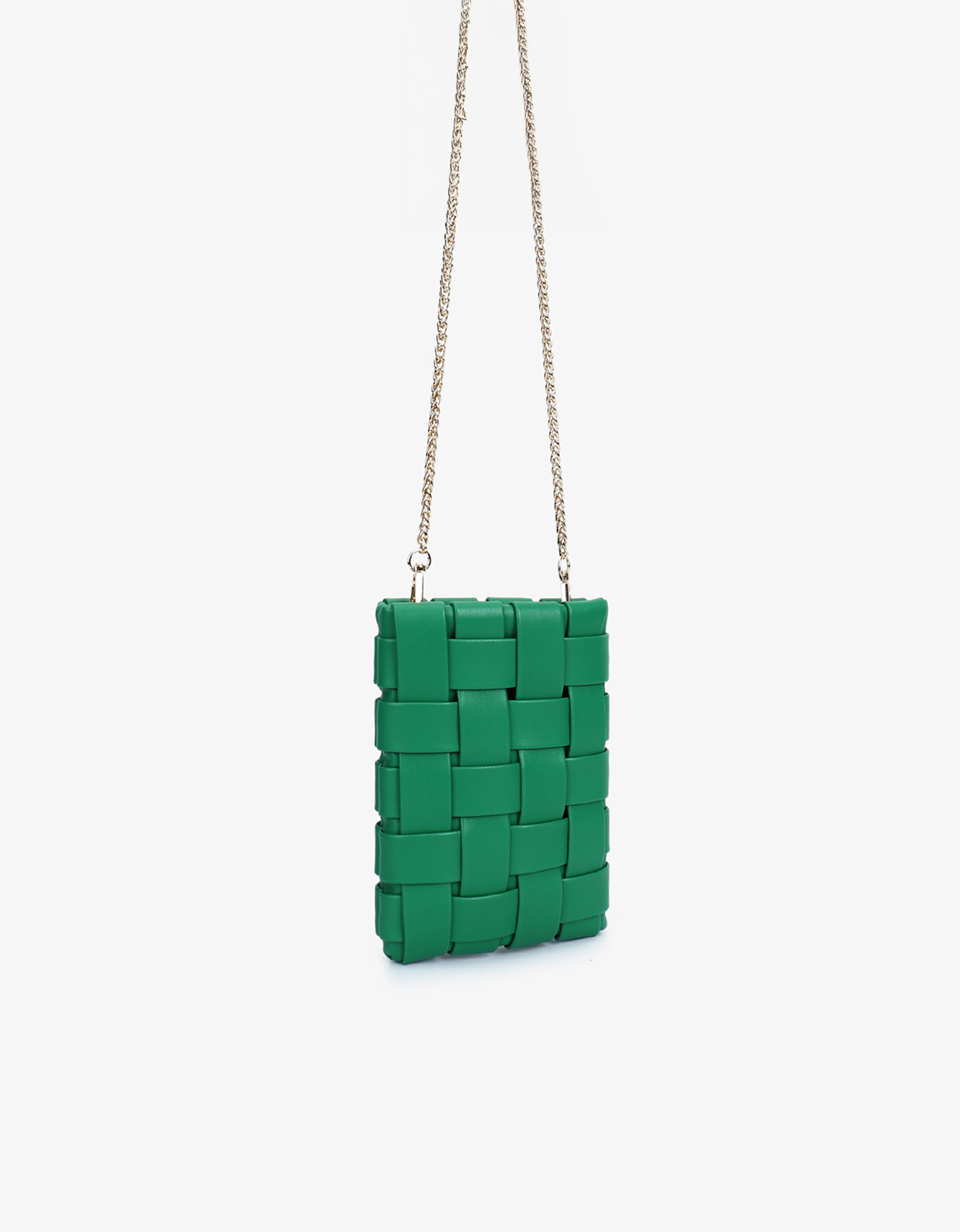 Green woven cellphone bag with a chain strap by Remi and Reid.