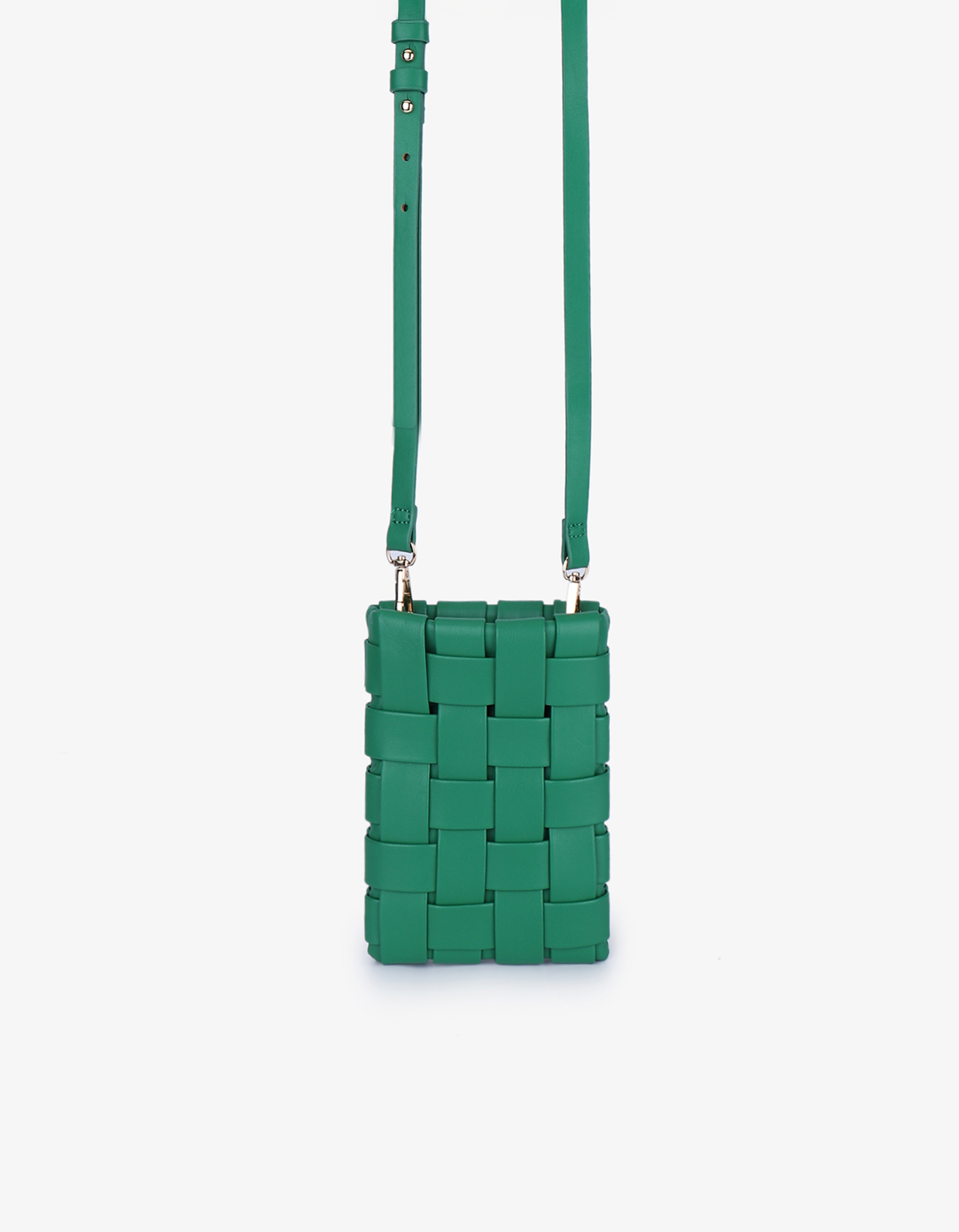 Green woven cellphone bag by Remi and Reid with detachable, adjustable crossbody strap.