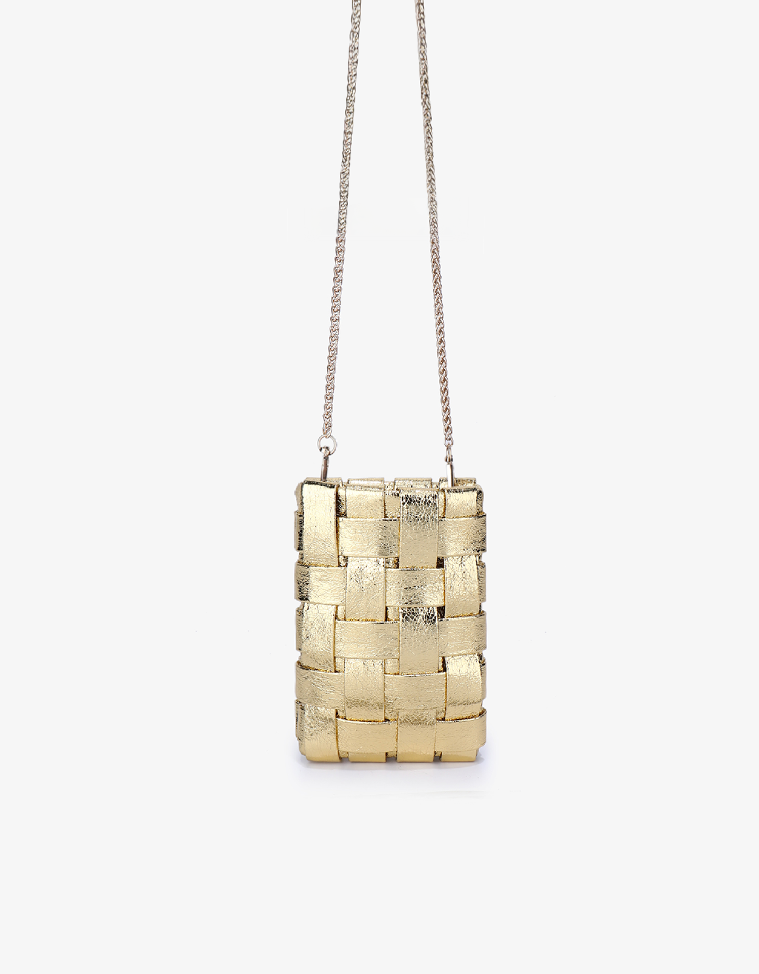 Lindy woven cellphone bag in metallic gold with chain strap by Remi and Reid.