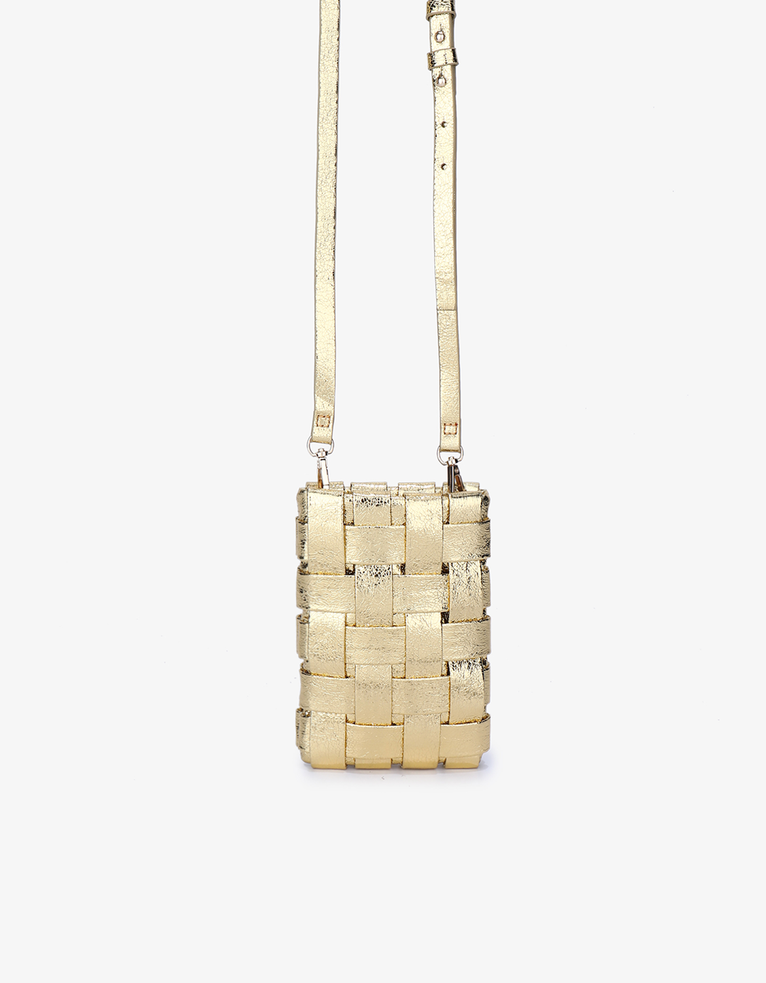 Lindy woven cellphone bag in metallic gold with crossbody strap by Remi and Reid.