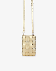 Lindy woven cellphone bag in metallic gold with crossbody strap by Remi and Reid.