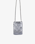 Metallic silver woven cellphone pouch with removable silver-tone chain strap by Remi and Reid.