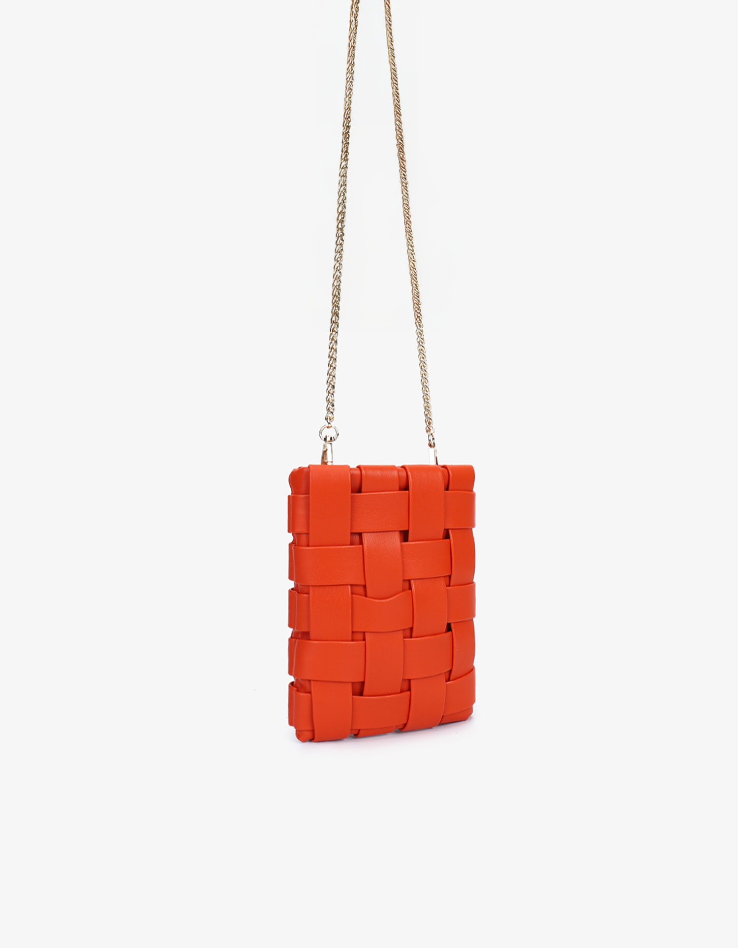 Orange woven cellphone bag with a chain strap on a white background