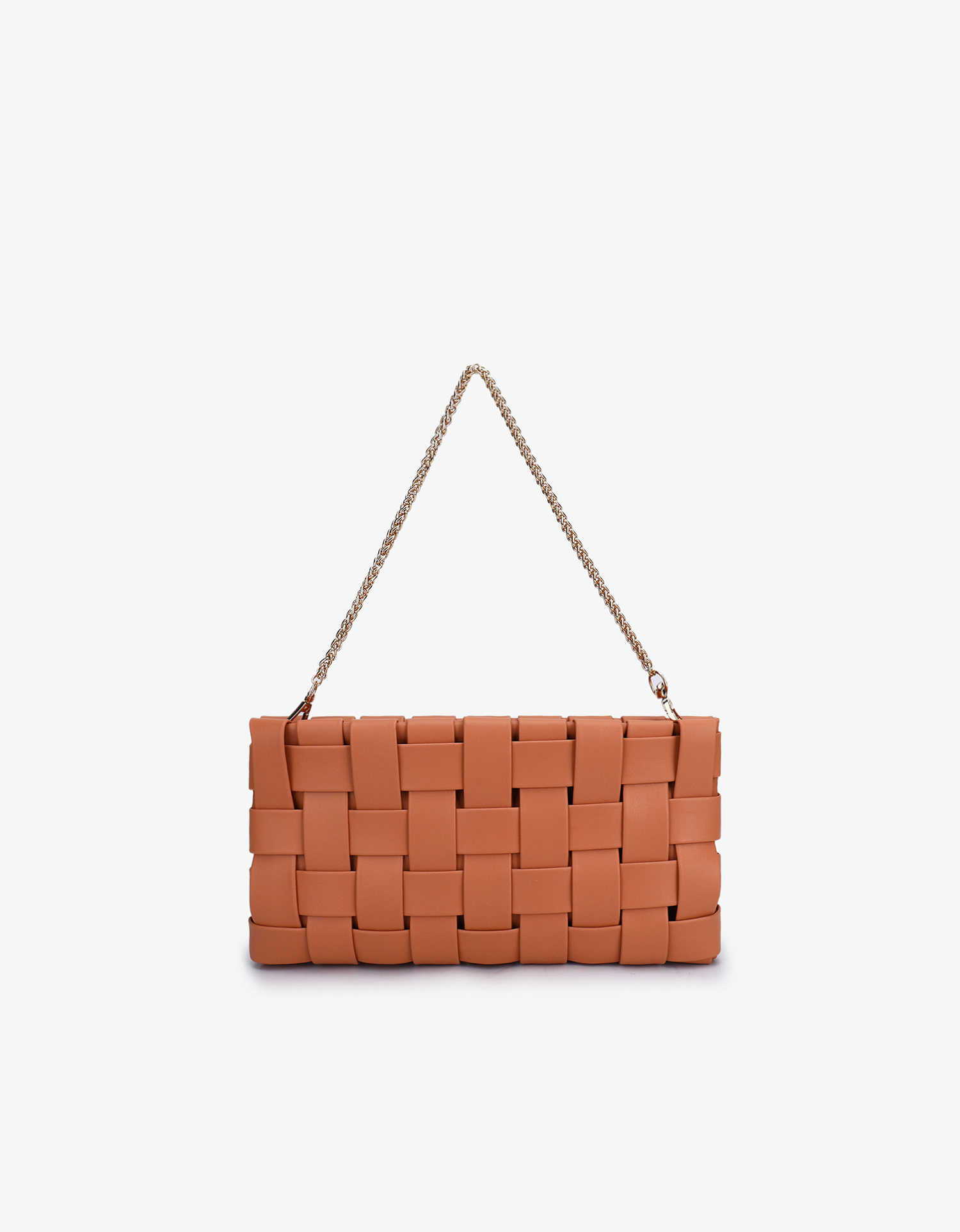 A woven clutch in an apricot color with a solid pattern and no visible hardware.
