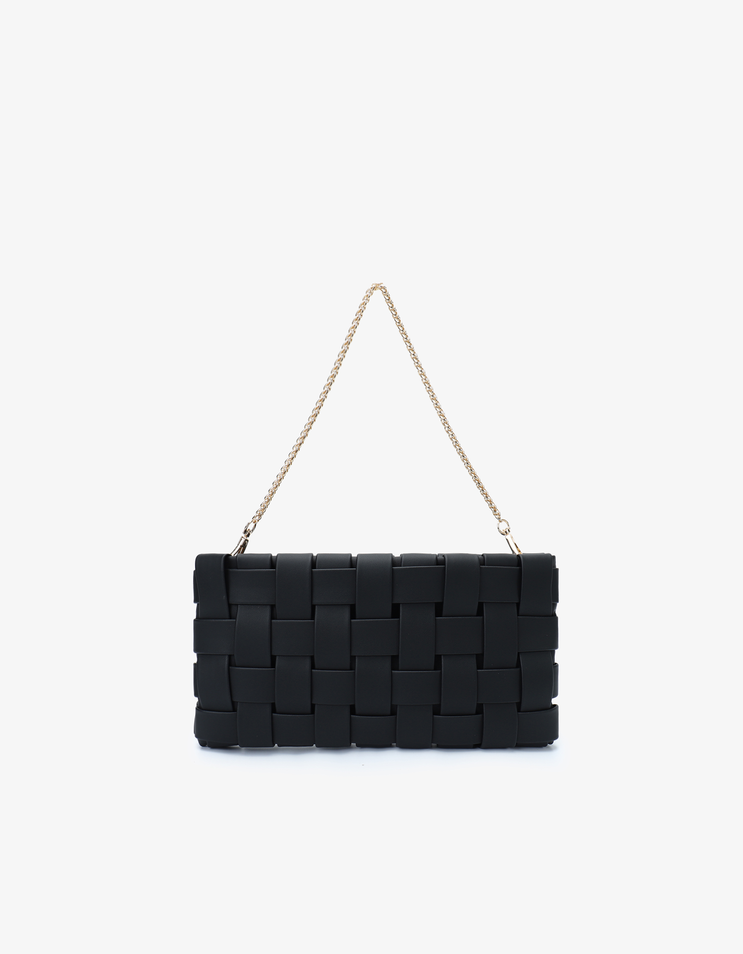 Black woven handbag with a chain strap by Remi and Reid.