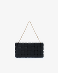 Black woven handbag with a chain strap by Remi and Reid.