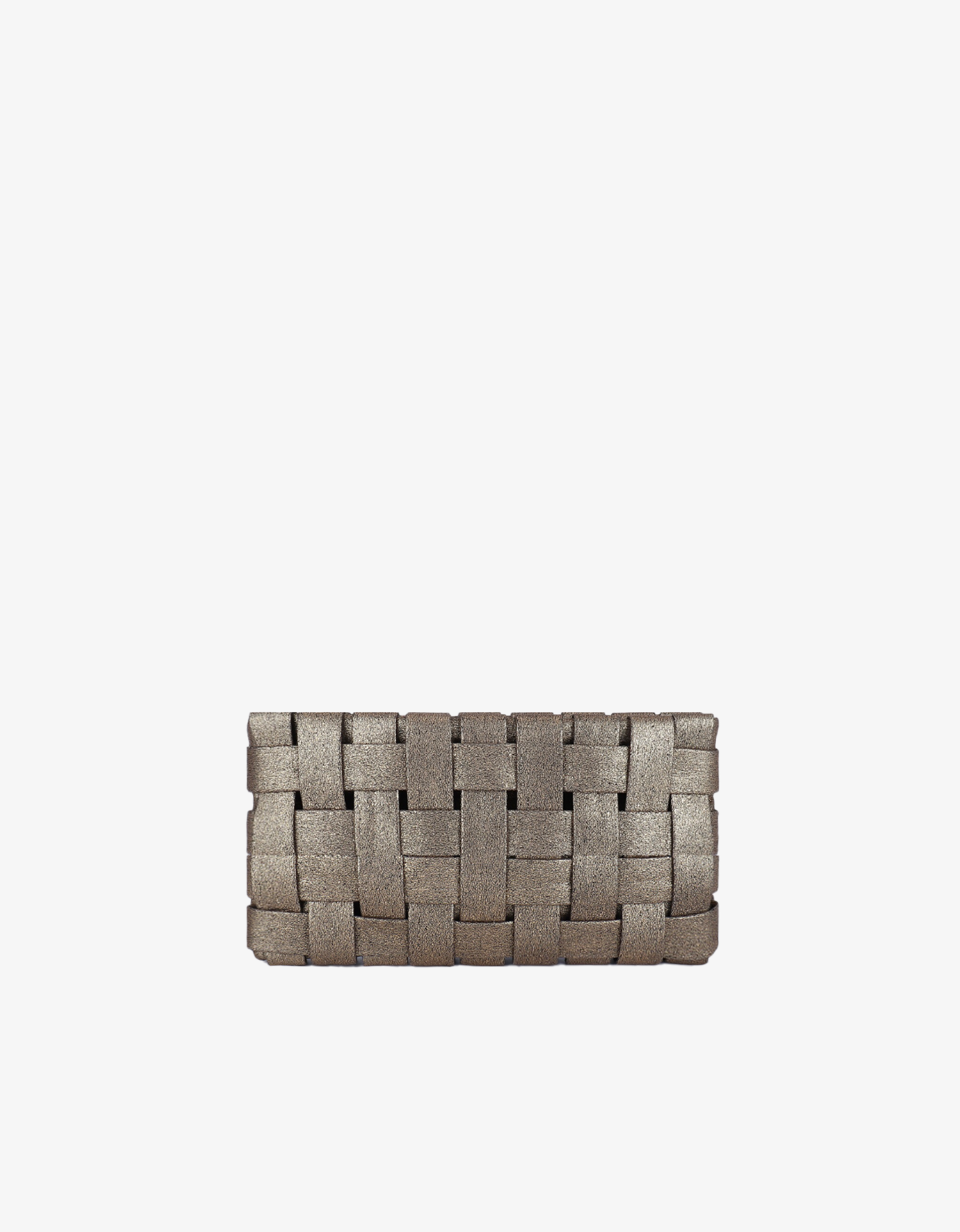 Small woven gold clutch with a solid pattern and a zipper closure by Remi and Reid.