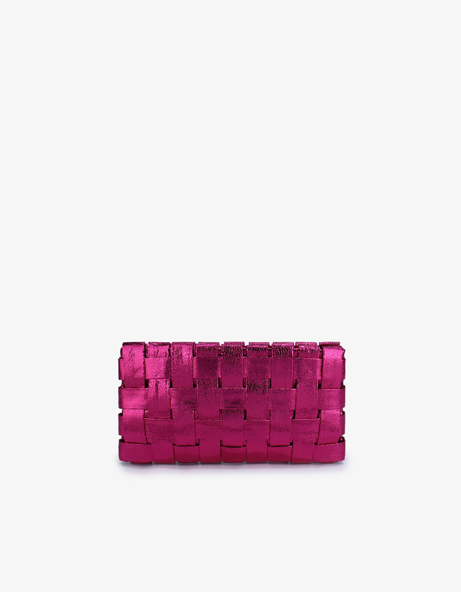 A magenta colored woven clutch with a metallic shine by Remi and Reid.