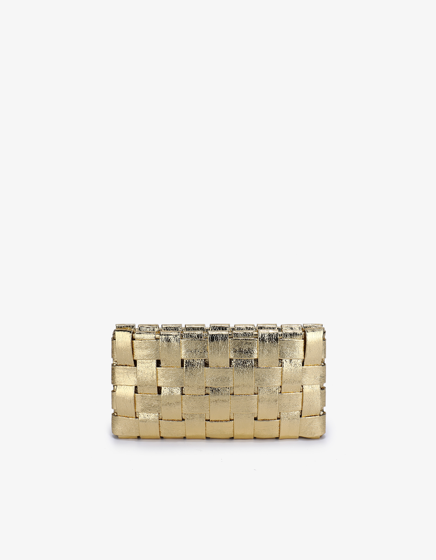 A metallic platinum woven clutch with a zipper closure by Remi and Reid.