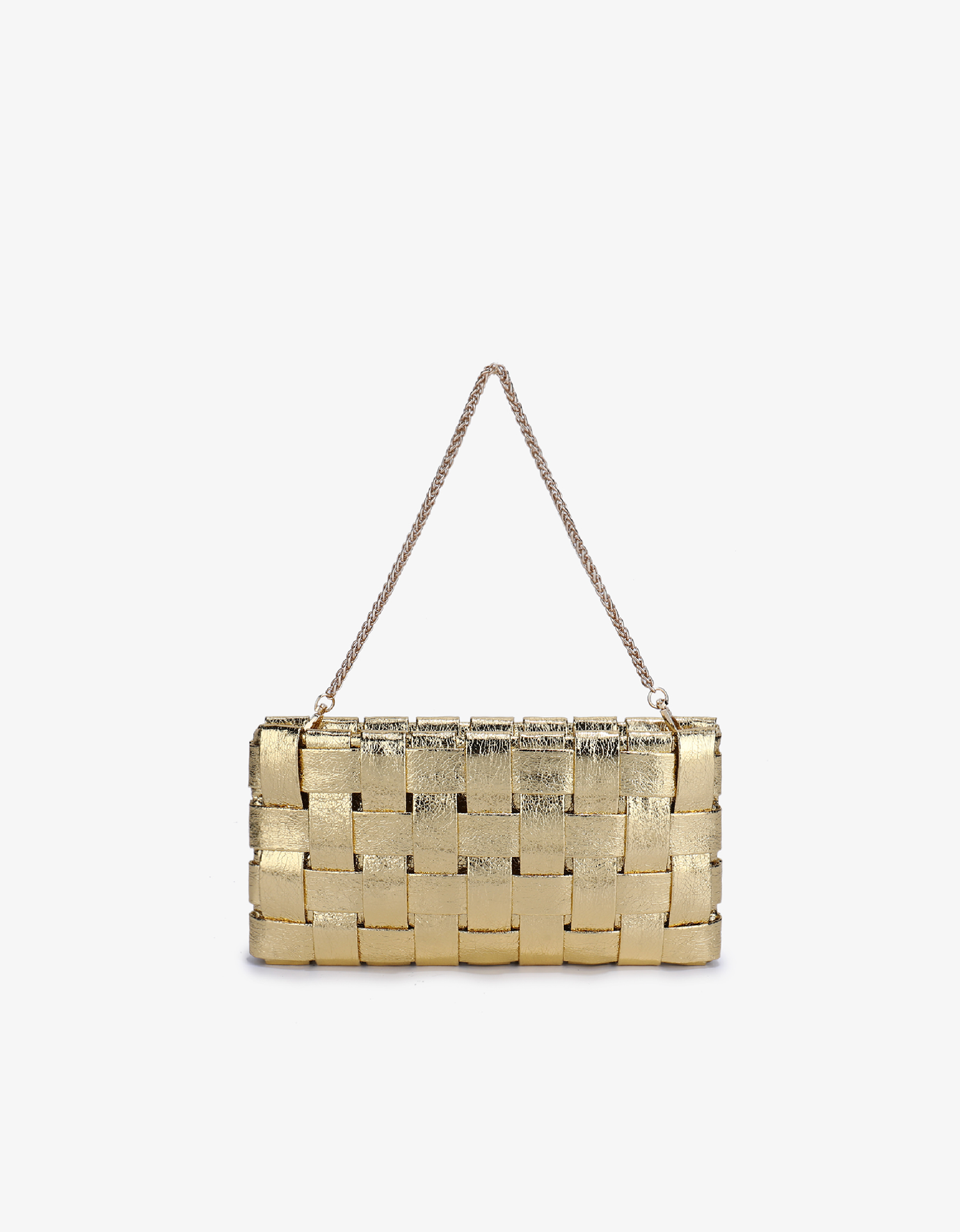 Metallic platinum woven clutch handbag with a shoulder chain strap by Remi and Reid