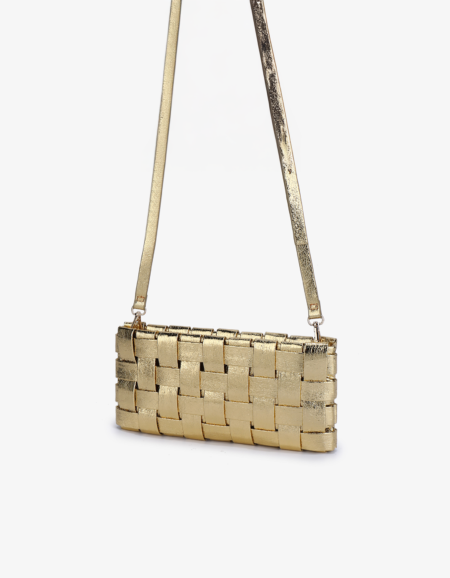 Metallic gold woven handbag with a  crossbody strap by Remi and Reid.