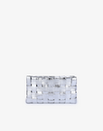 A woven metallic silver clutch with a shiny finish, viewed from the front by Remi and Reid.