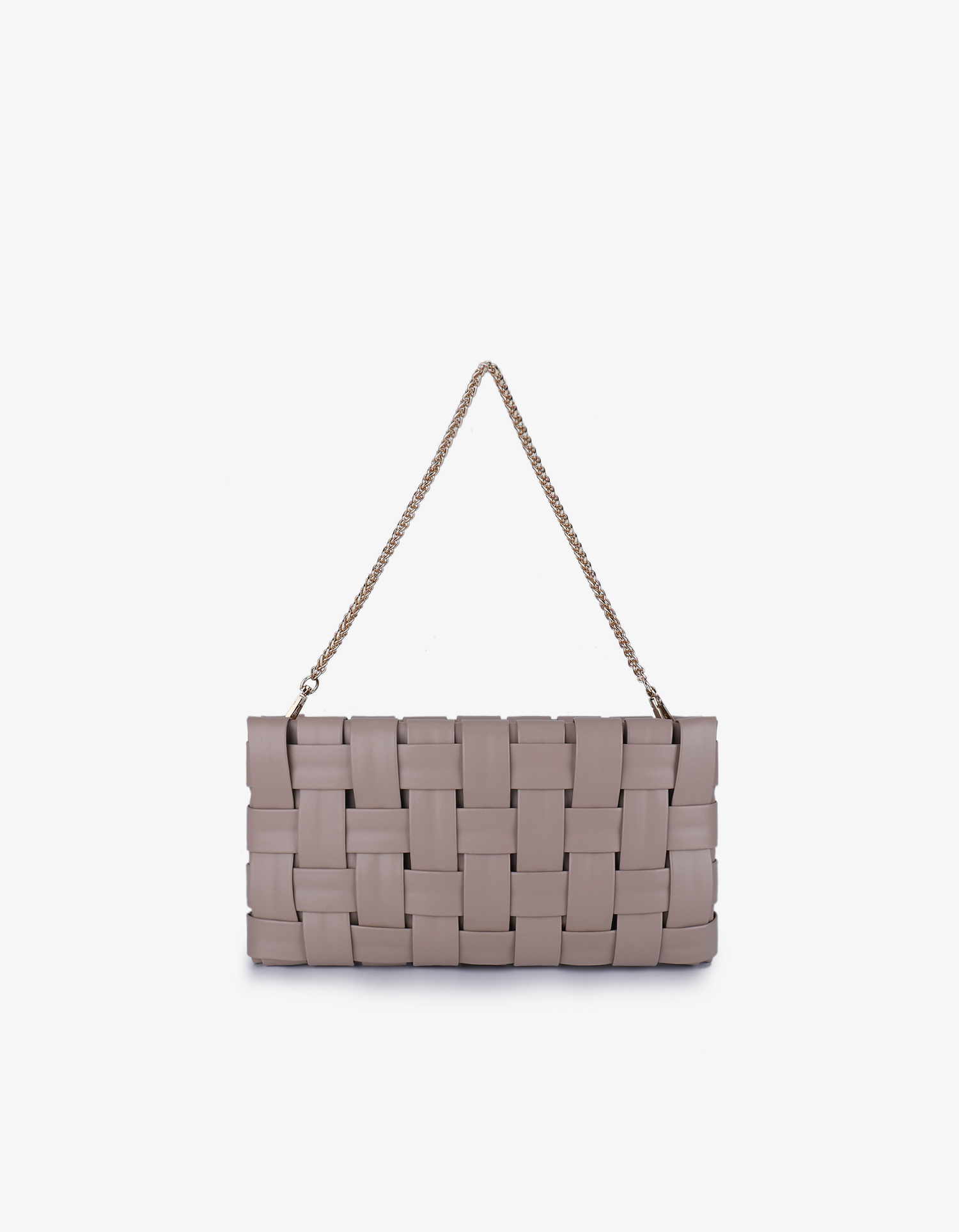 Woven handbag in light tan with removable chain strap by Remi and Reid.