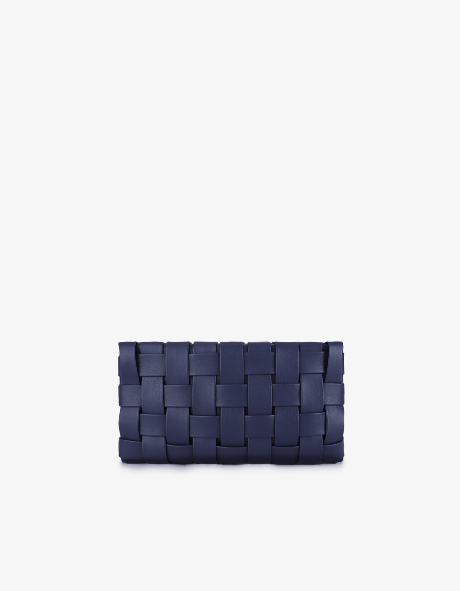 Navy blue woven vegan leather clutch with a solid pattern and a zipper closure by Remi and Reid.