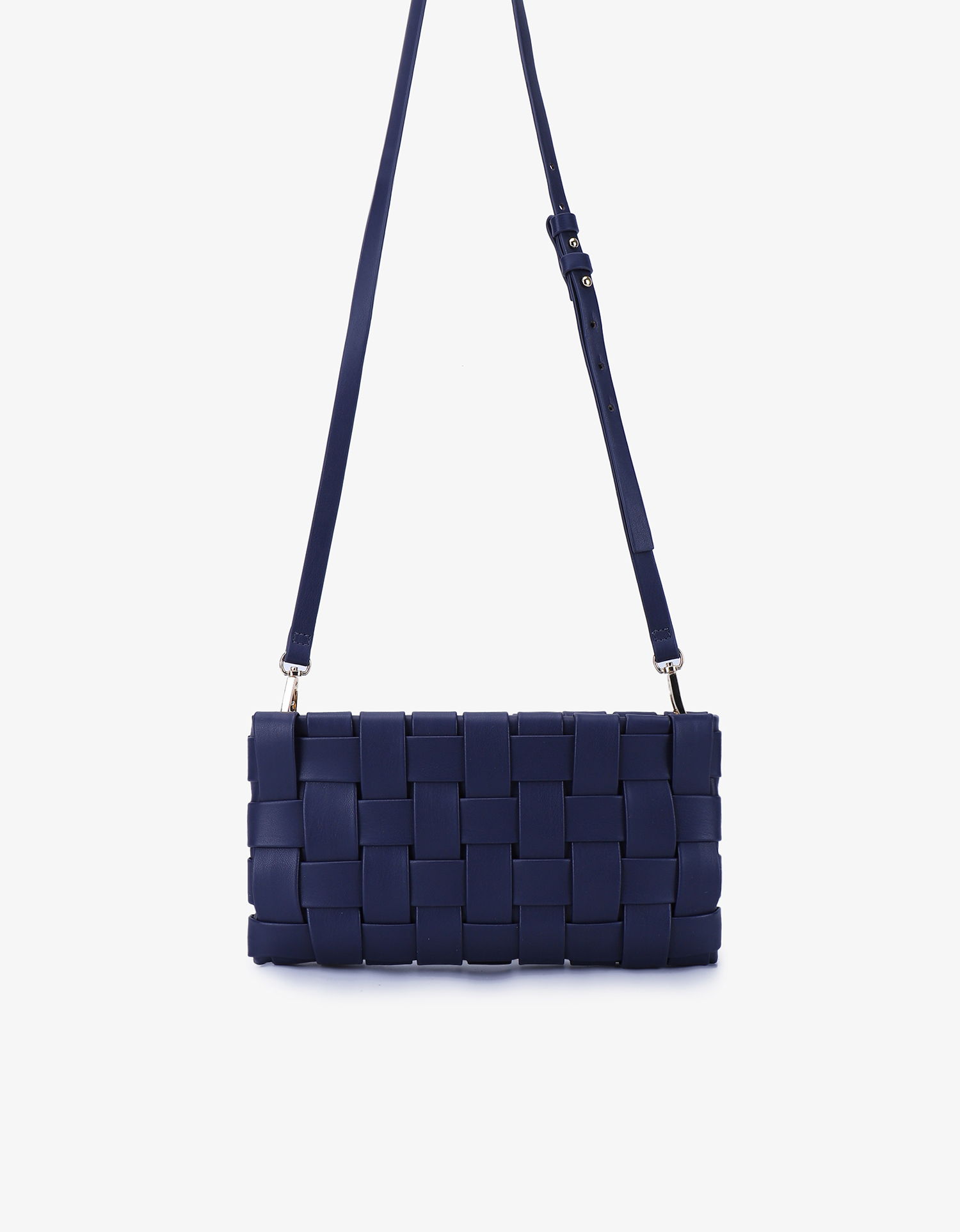 Navy blue woven vegan leather clutch bag with crossbody strap by Remi and Reid.