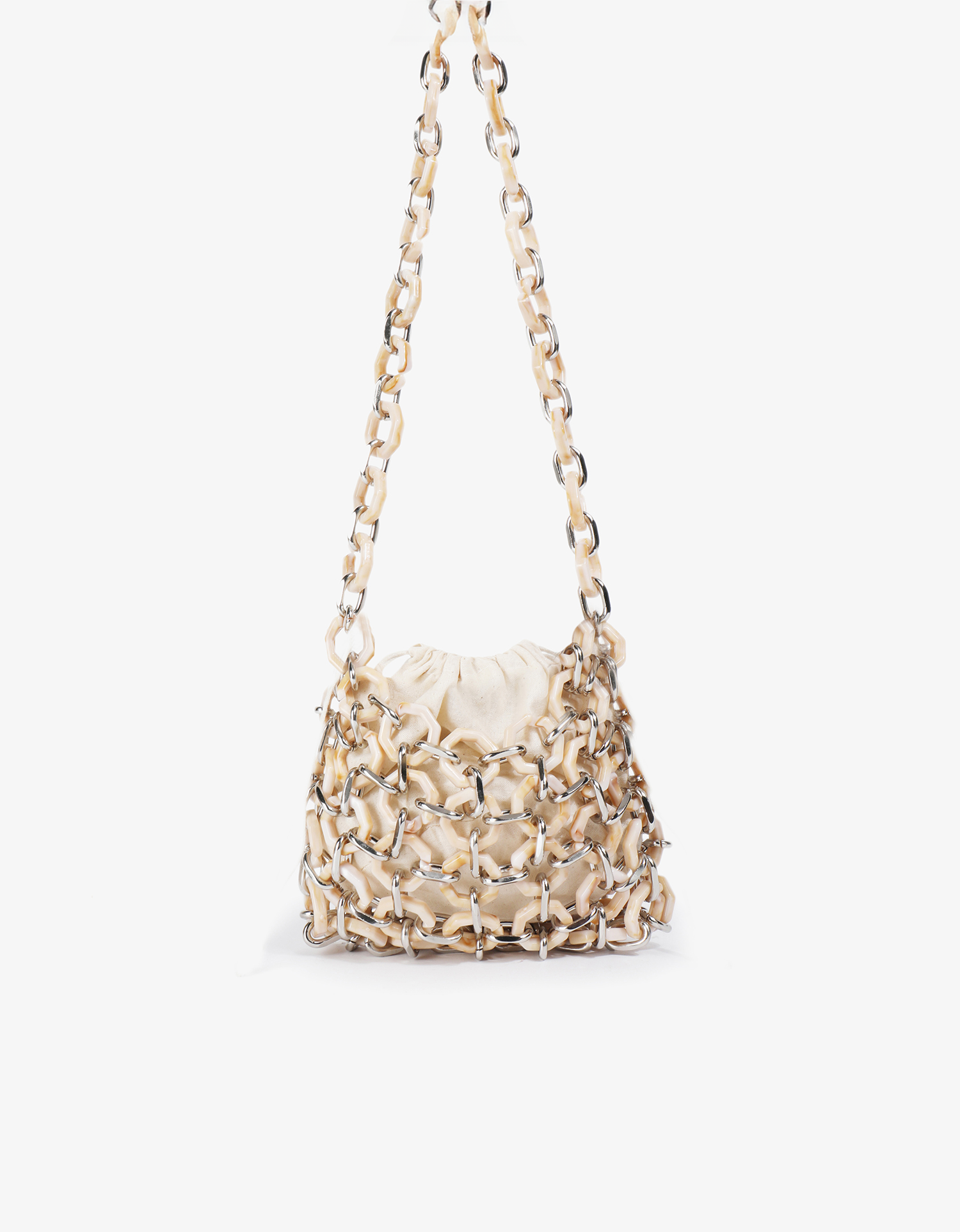 A pink shoulder handbag with a chain strap and a textured surface resembling shells by Remi and Reid