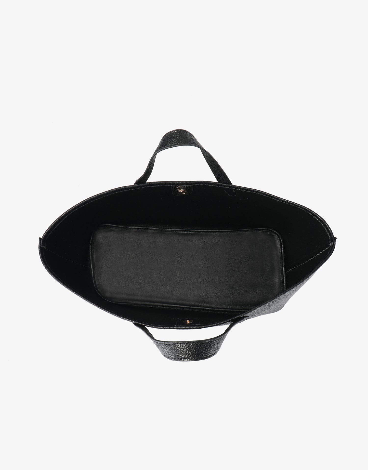 Open black Nala Tote by Remi and Reid revealing a spacious inner compartment and a gold-tone magnetic fastener.