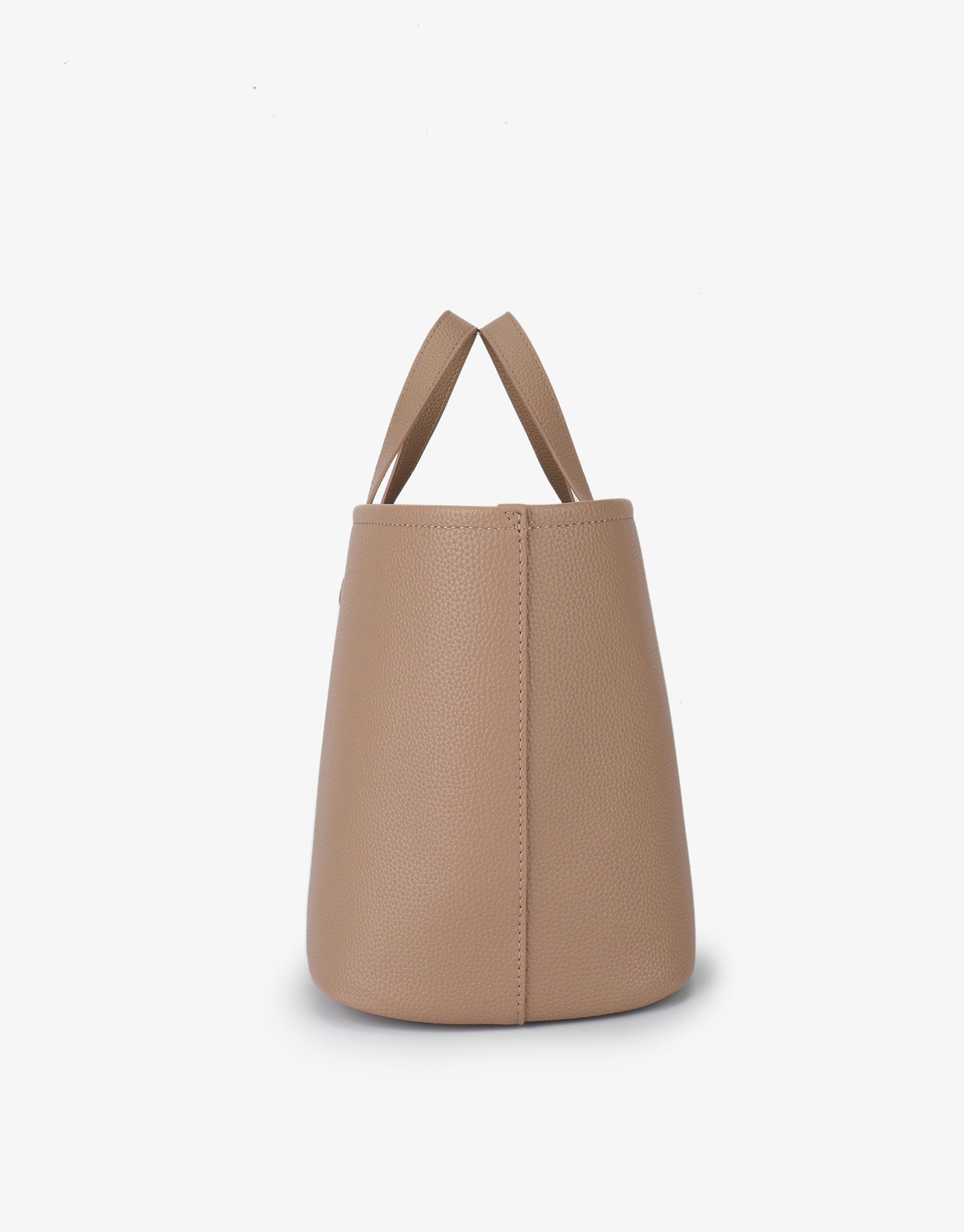 Side details of Nala Tote East West Short in taupe color by Remi and Reid featuring a structured wide silhouette and sleek finish.