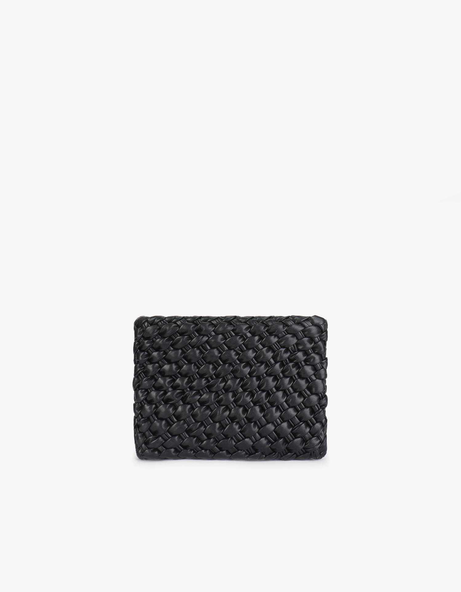 Front view of the Nieves Woven Clutch highlighting its thick, textured woven exterior in black by Remi and Reid.