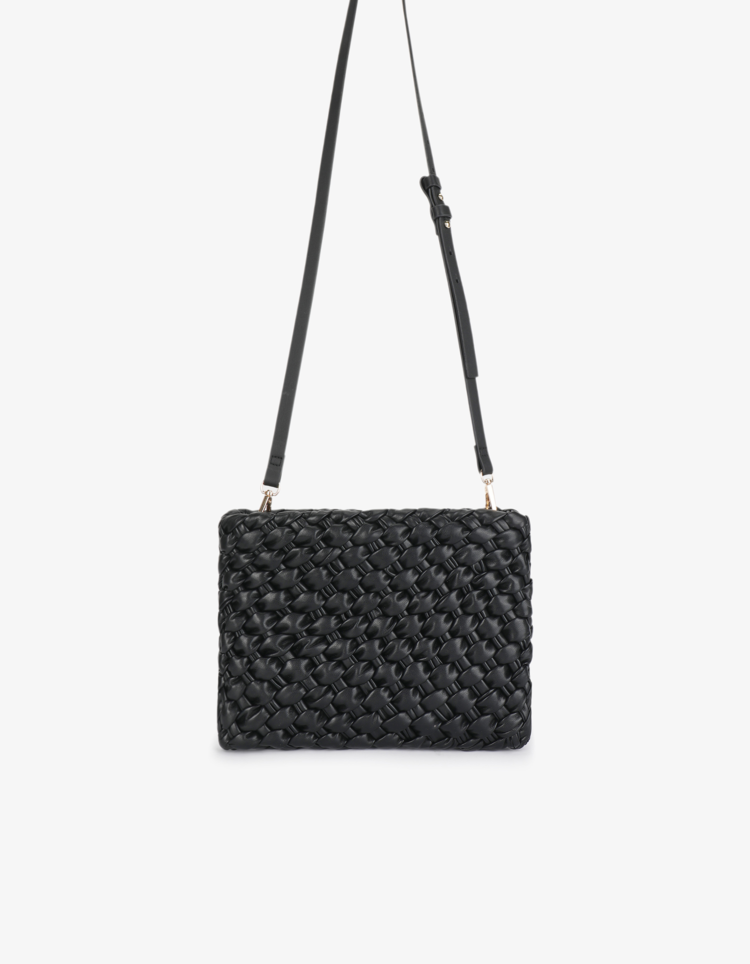 Black Nieves Woven Clutch with a modern, tactile 3D design and adjustable crossbody strap by Remi and Reid.