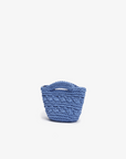 Front view of the blue Noemi mini tote by Remi and Reid featuring a thick, horizontal cable-knit crochet pattern.