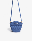 Blue crocheted mini tote by Remi and Reid shown with a thick braided body strap secured by gold-tone lobster clasps.