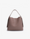 Brown leather handbag on a light gray background