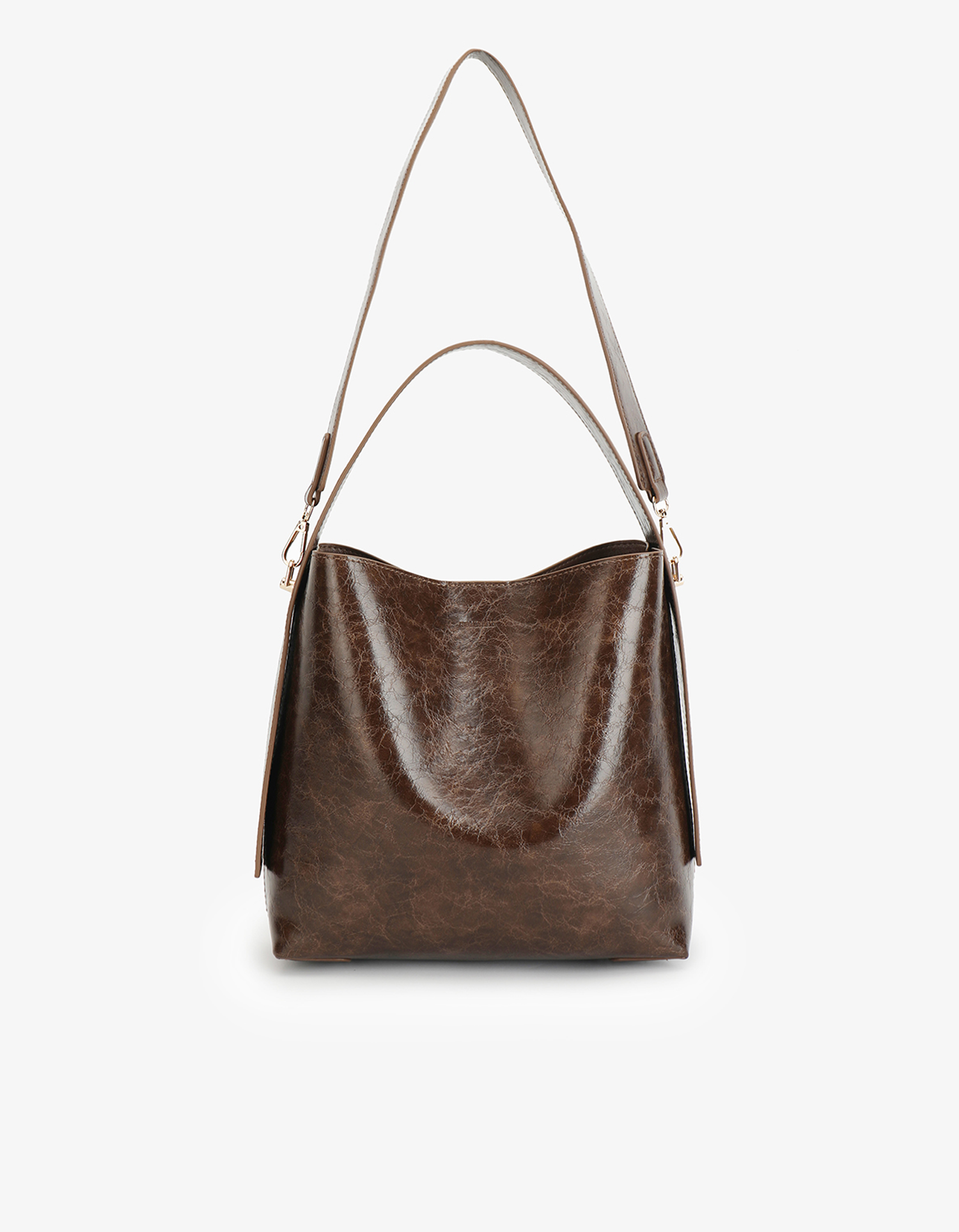Paloma Waxed vegan leather shoulder bag in brown espresso featuring a wide single strap handle and gold-tone buckle hardware on the side with detachable adjustable shoulder strap by Remi and Reid.