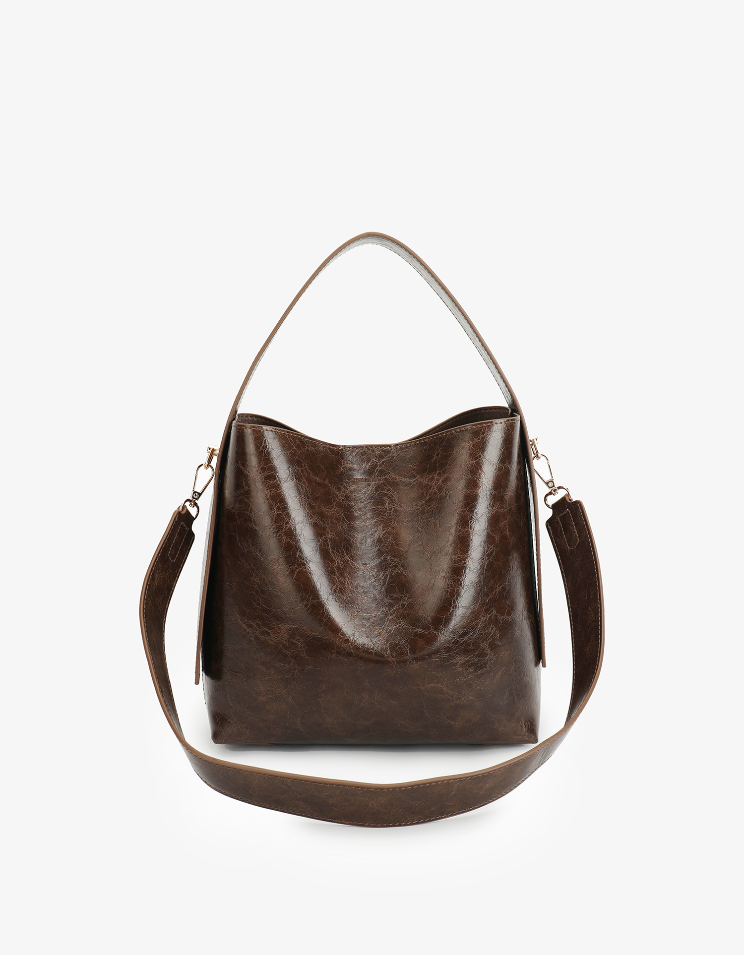 Paloma Waxed vegan leather shoulder bag in brown espresso featuring a wide single strap handle and gold-tone buckle hardware on the side with detachable adjustable strap by Remi and Reid.