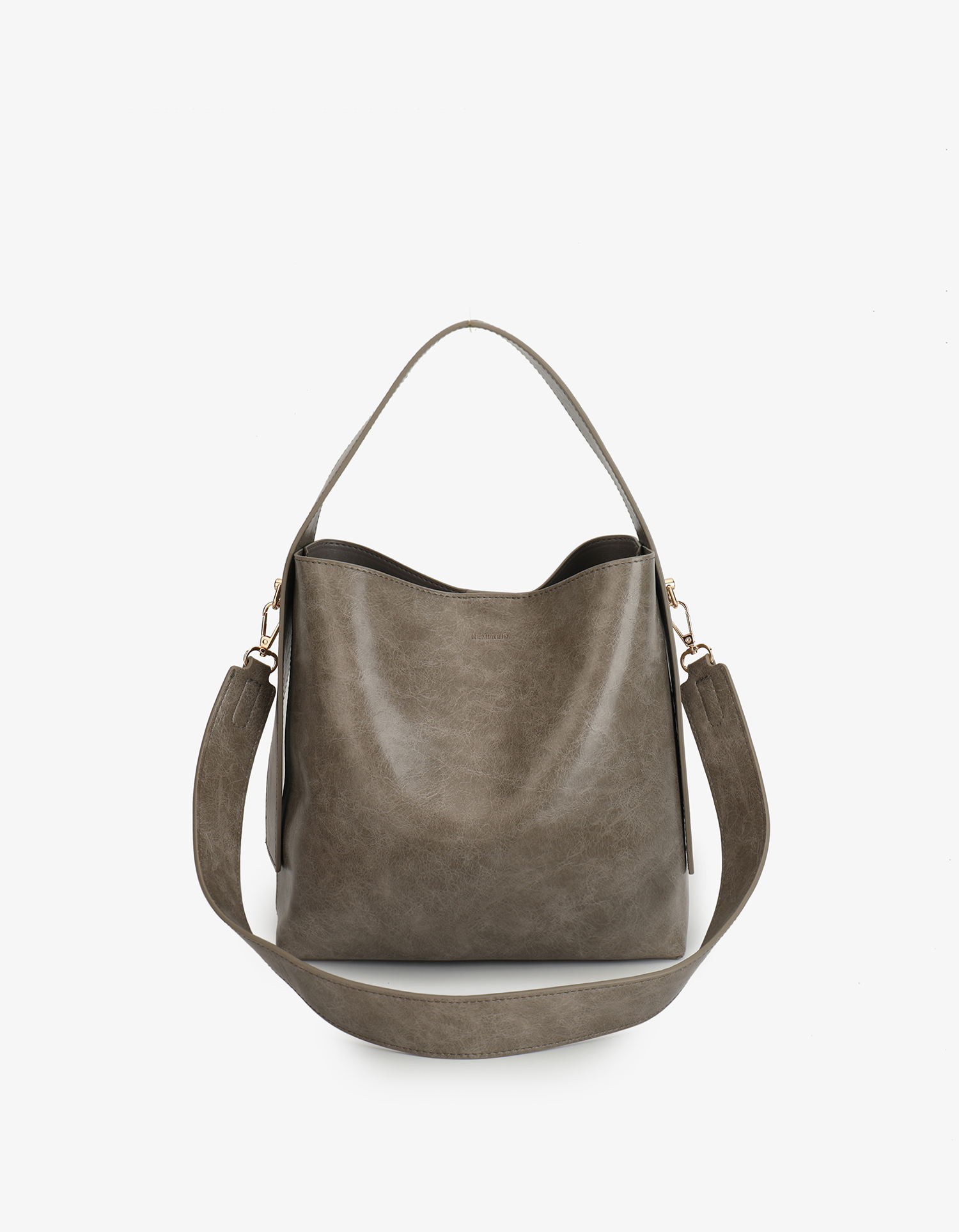 Paloma Waxed vegan leather shoulder bag in gray featuring a wide single strap handle and gold-tone buckle hardware on the side with detachable adjustable strap by Remi and Reid.