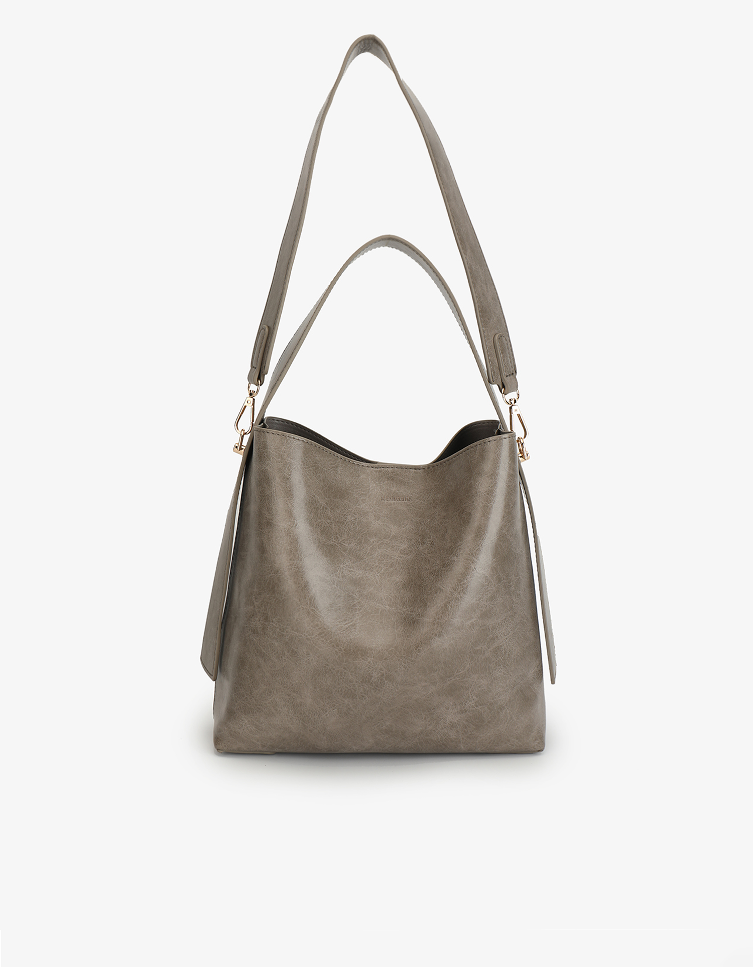 Paloma Waxed vegan leather shoulder bag in gray featuring a wide single strap handle and gold-tone buckle hardware on the side with detachable adjustable strap by Remi and Reid.