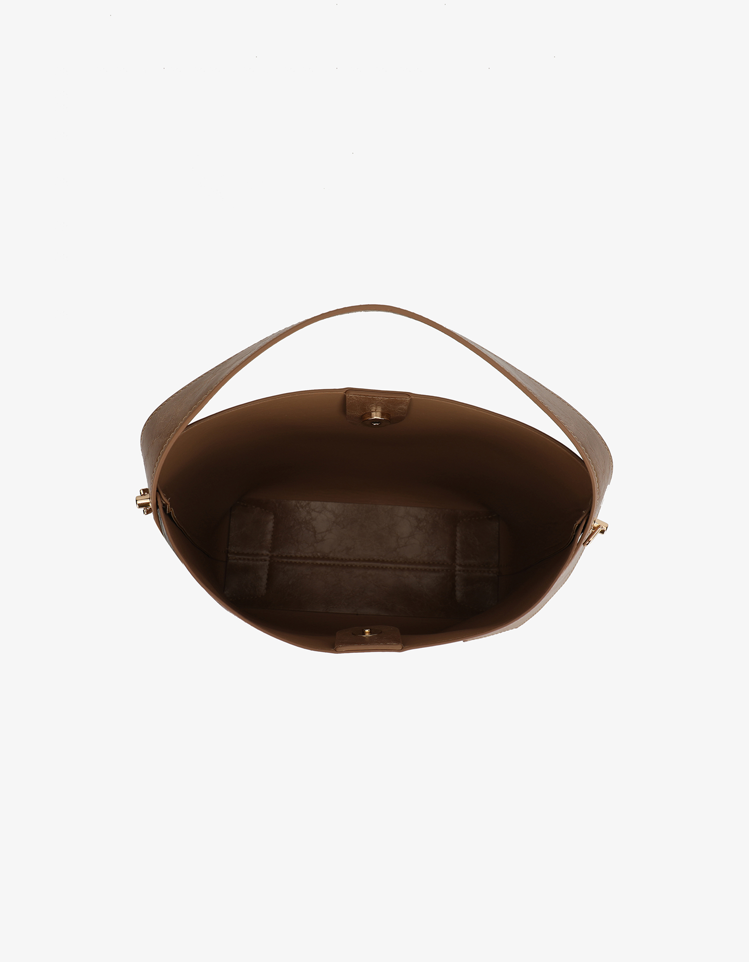 Interior view of Paloma shoulder waxed vegan leather bag in mauve brown showing the structured inside with magnetic snap closure.