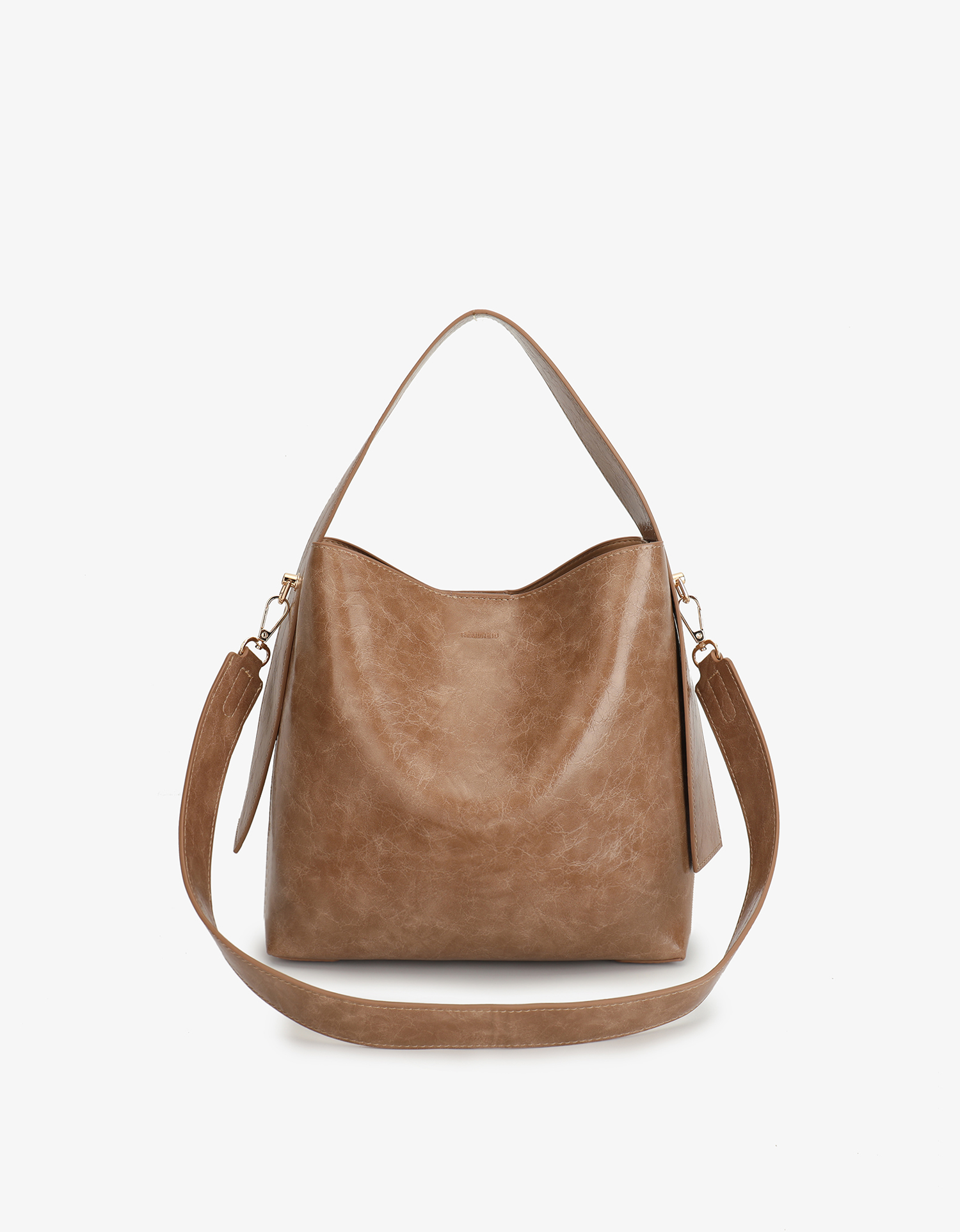 Waxed vegan leather shoulder bag in black featuring a wide single strap and gold-tone buckle hardware with adjustable shoulder strap