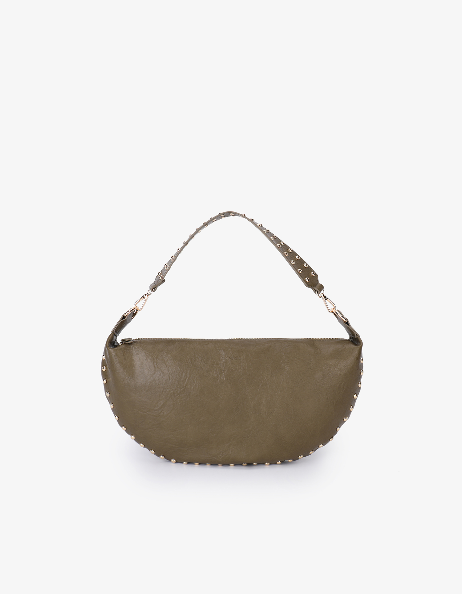 Front view of the Peppa Studded bag in olive green vegan leather with gold-tone studs along the curved edges by Remi and Reid.