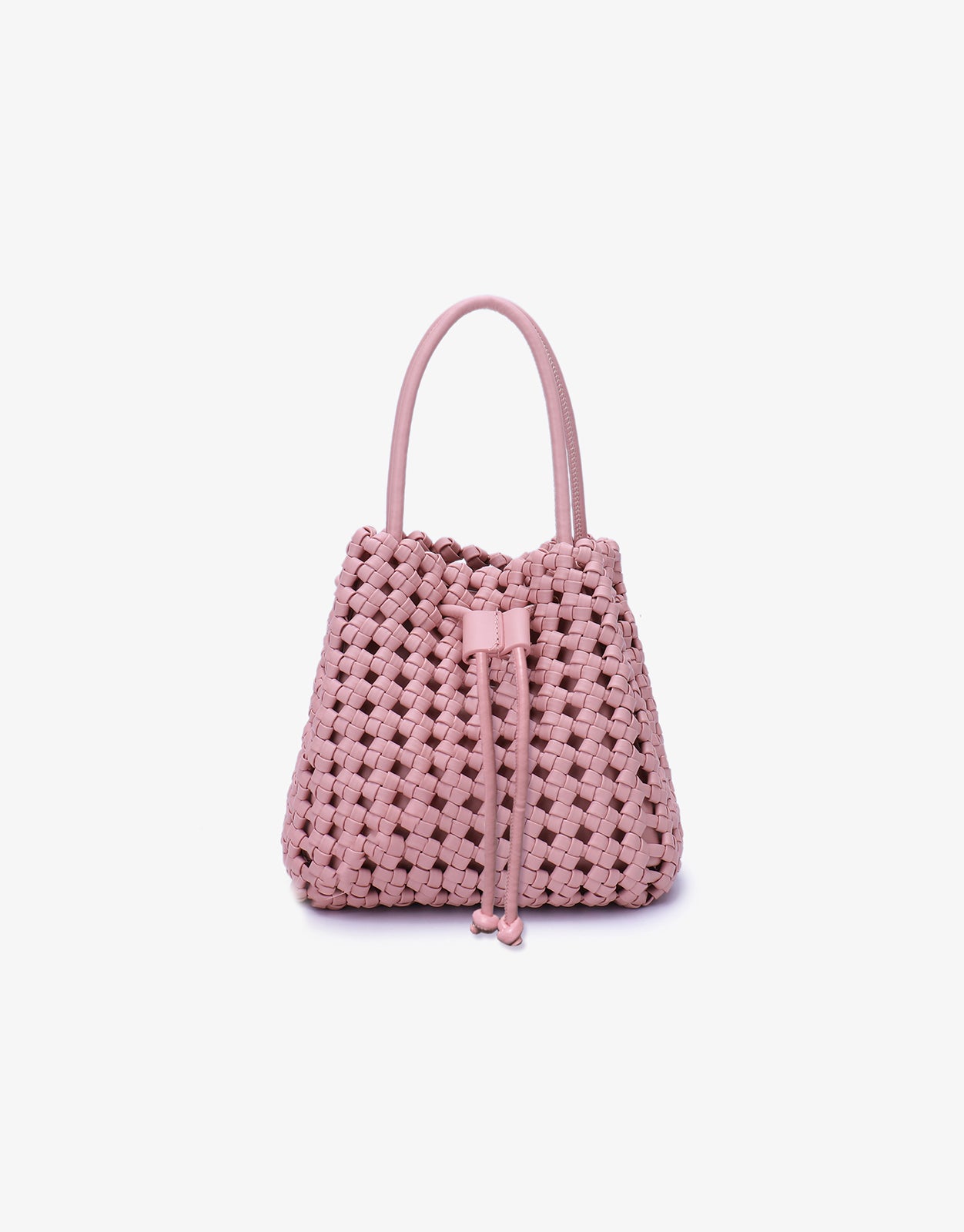 A woven mini tote bag in a ballet pink color with a drawstring top and nickel hardware.