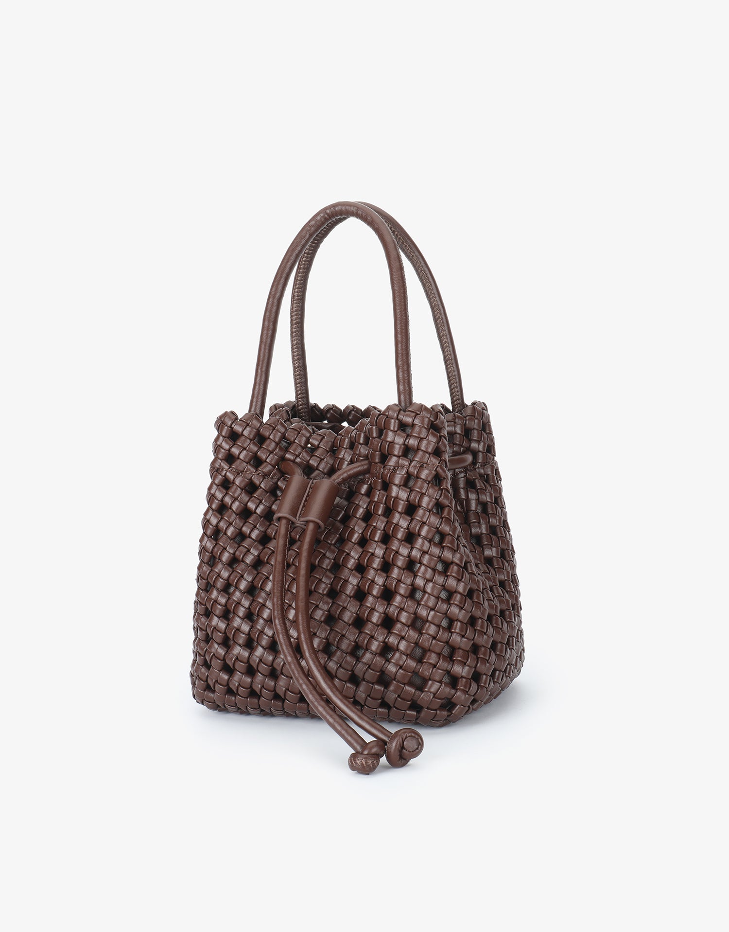 Woven square mini bucket bag by Remi and Reid in dark espresso with a top handle and knotted drawstrings.