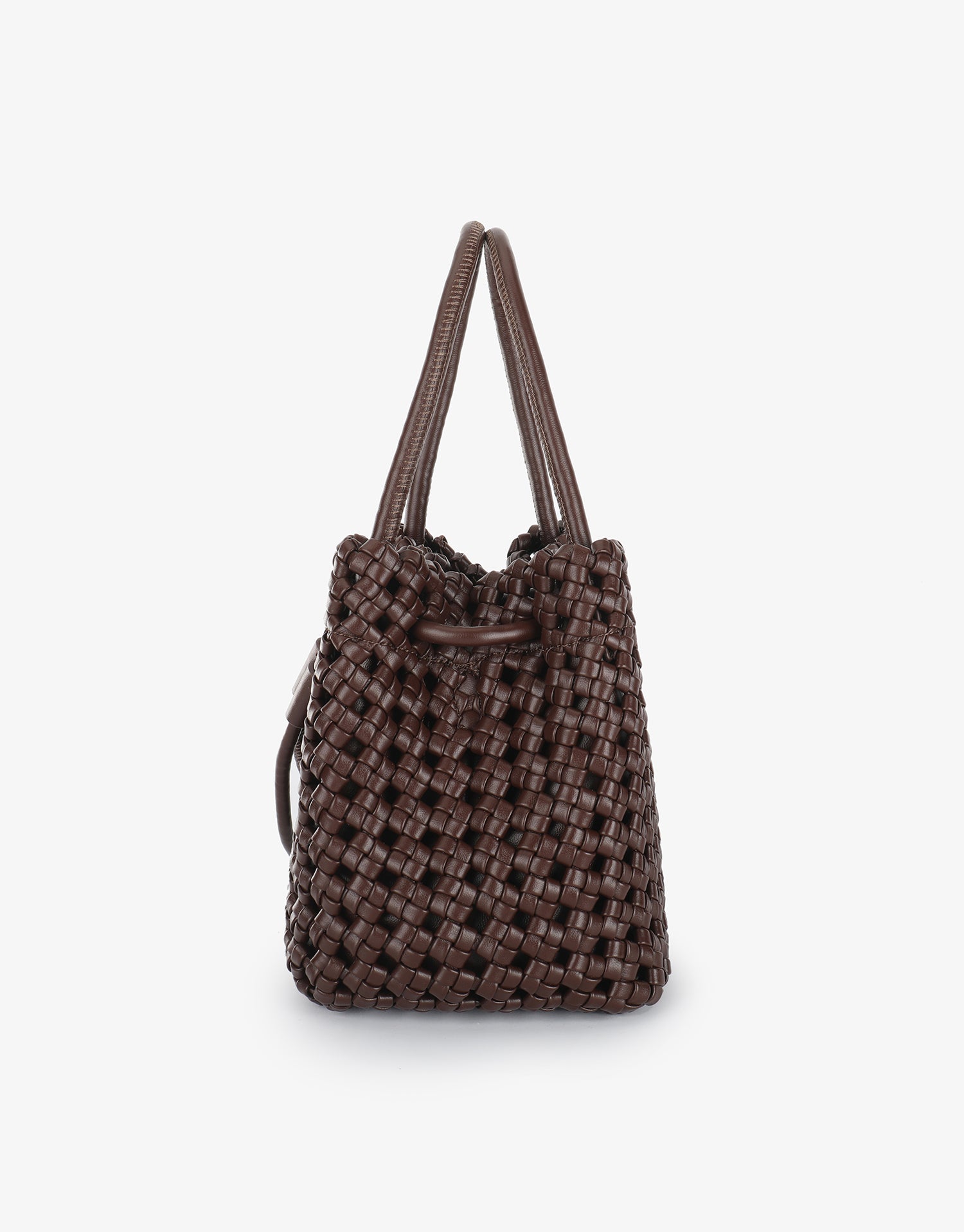 Woven square mini bucket bag by Remi and Reid in dark espresso with a top handle and knotted drawstrings in side view.
