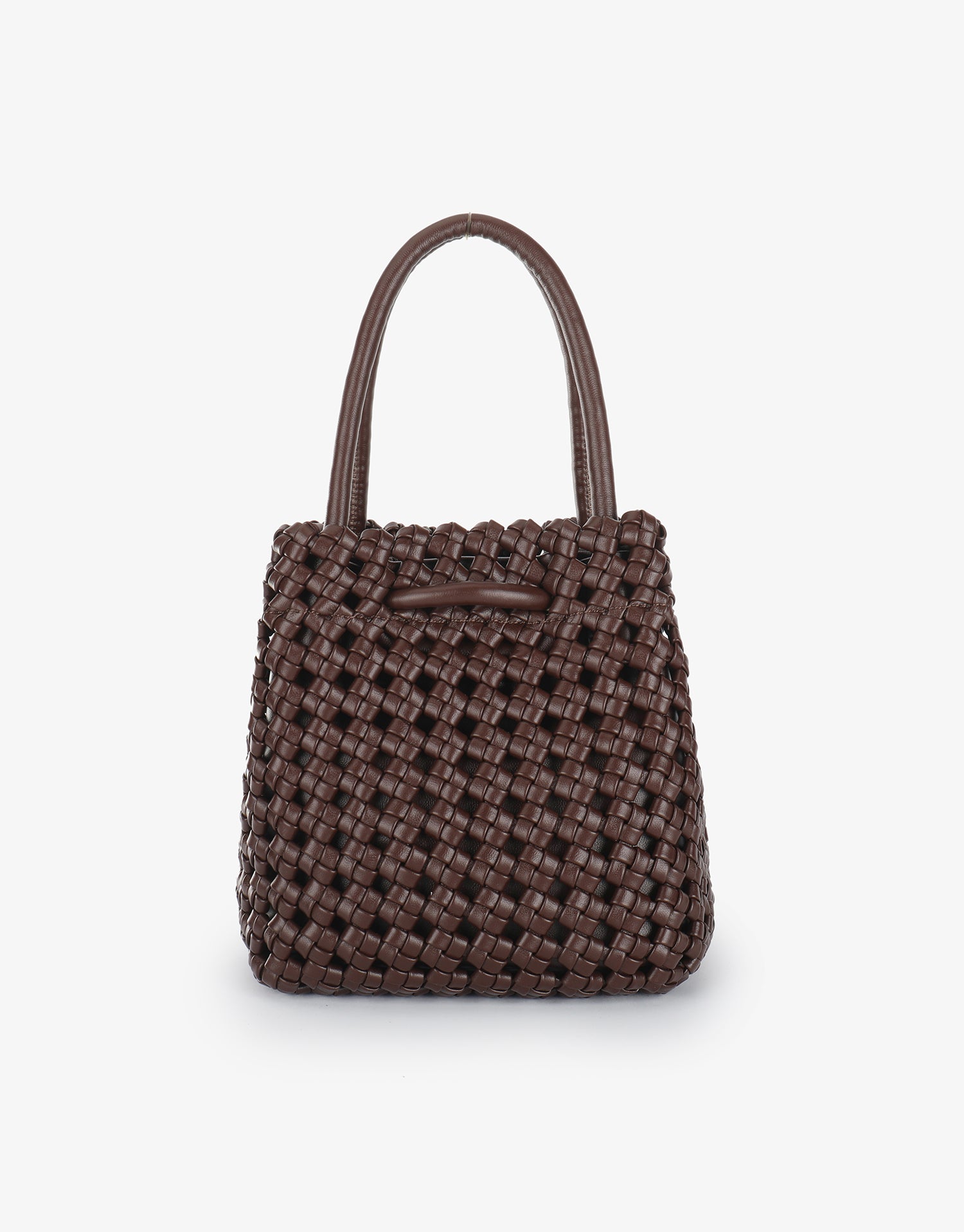 Back details of Perrie woven square mini bucket bag by Remi and Reid in dark espresso with a top handle and knotted drawstrings.