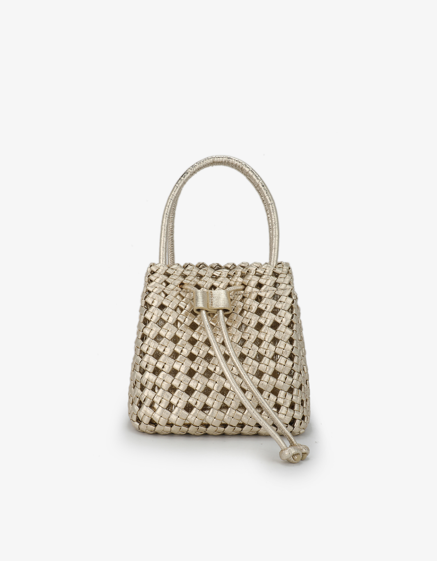 Platinum mini woven bucket tote bag with a shiny finish and a crossbody strap by Remi and Reid.