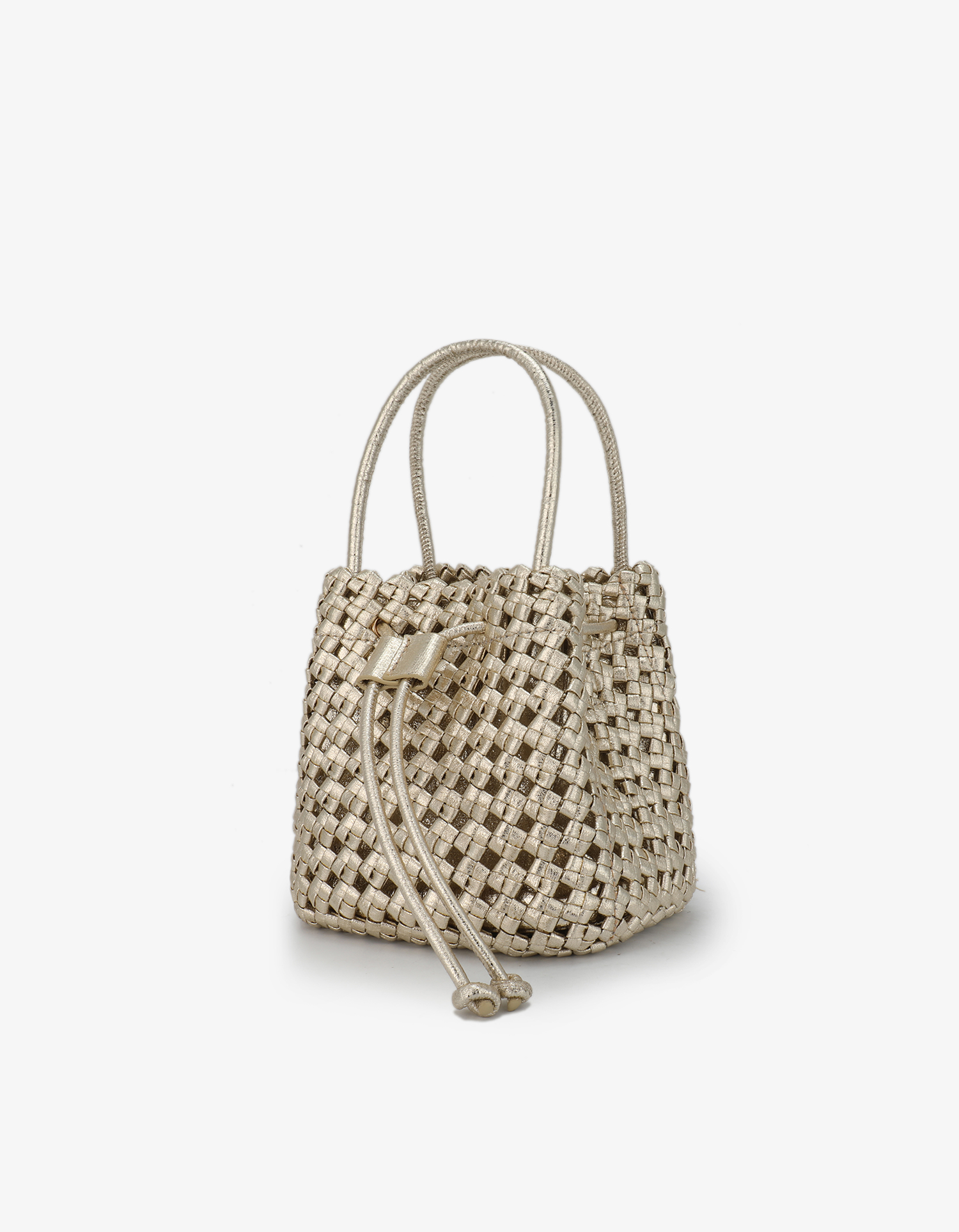 Front shot of a metallic platinum woven square tote by Remi and Reid with drawstring closure and top handles.