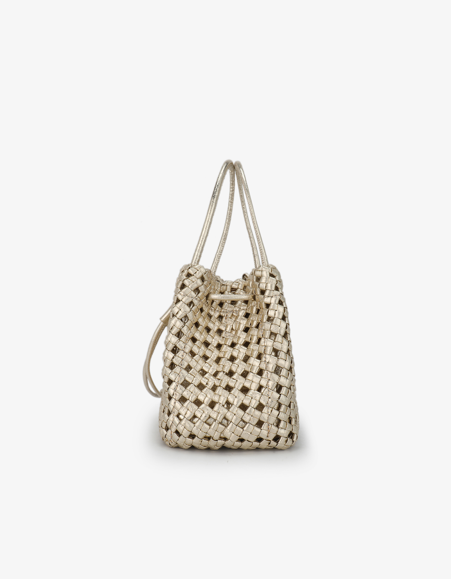 Side view of the hi-shine platinum Perrie Bucket Mini by Remi and Reid showing the sturdy woven construction.