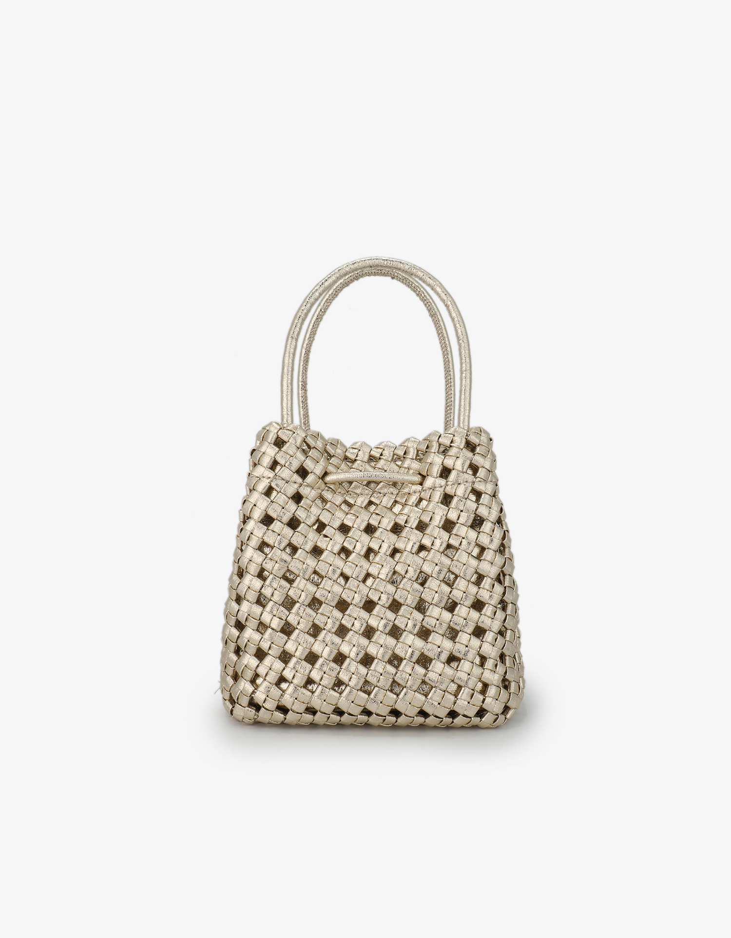 Back view of a mini metallic platinum woven square bag by Remi and Reid