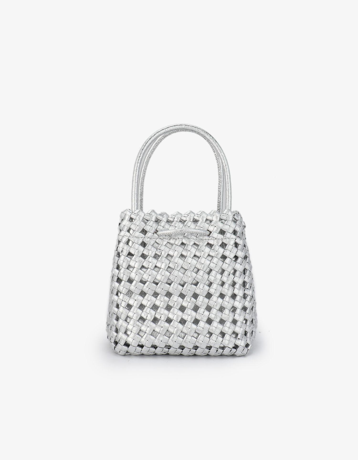 Back view of a metallic silver woven square bag by Remi and Reid.