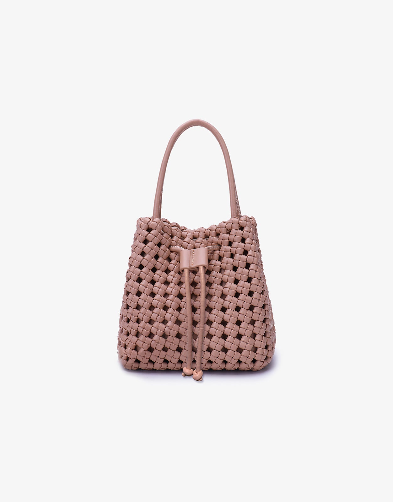 A light tan mini woven bucket tote bag with a textured exterior and a removable crossbody strap by Remi and Reid.