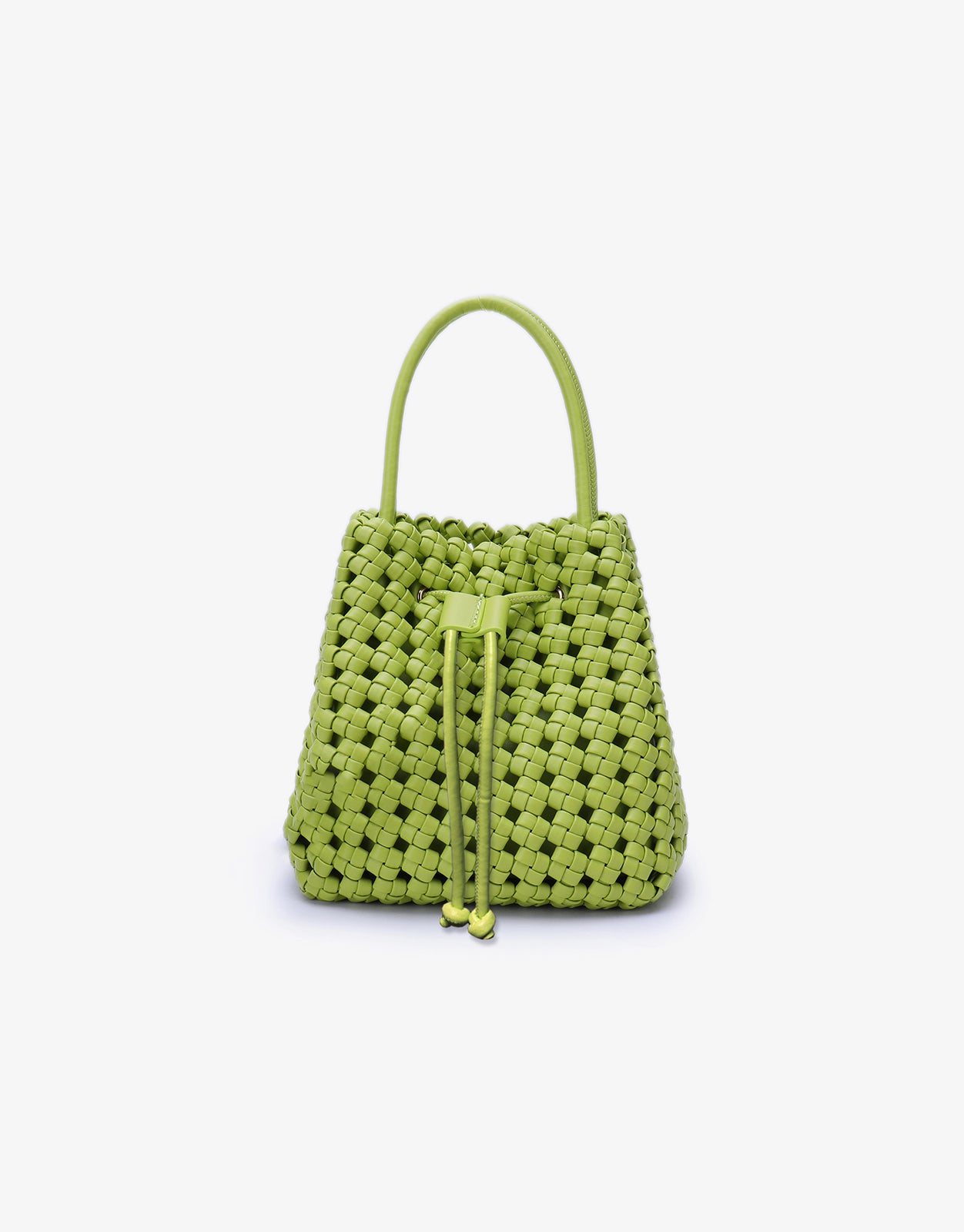 A green woven mini tote bag with a drawstring closure and nickel hardware.
