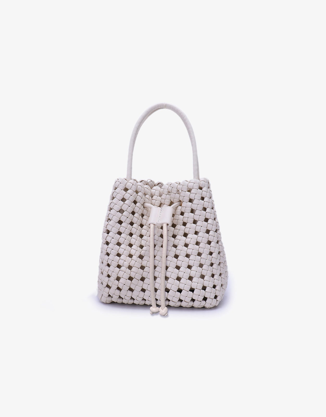 A woven mini tote bag in off-white color with a drawstring closure at the top, nickel hardware, and a removable crossbody strap.