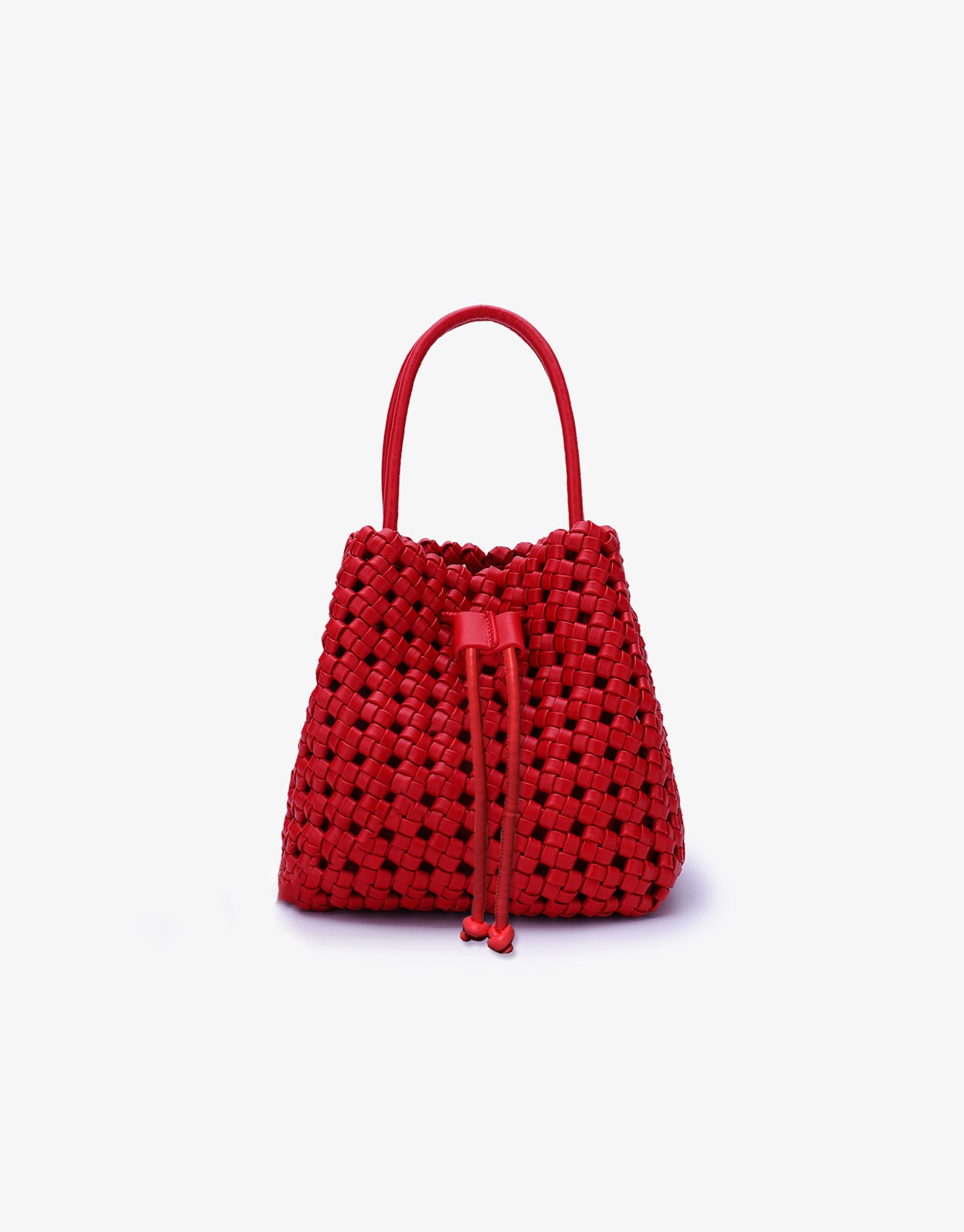 A red woven mini tote with a drawstring closure and nickel hardware, with straps for crossbody carrying by Remi and Reid