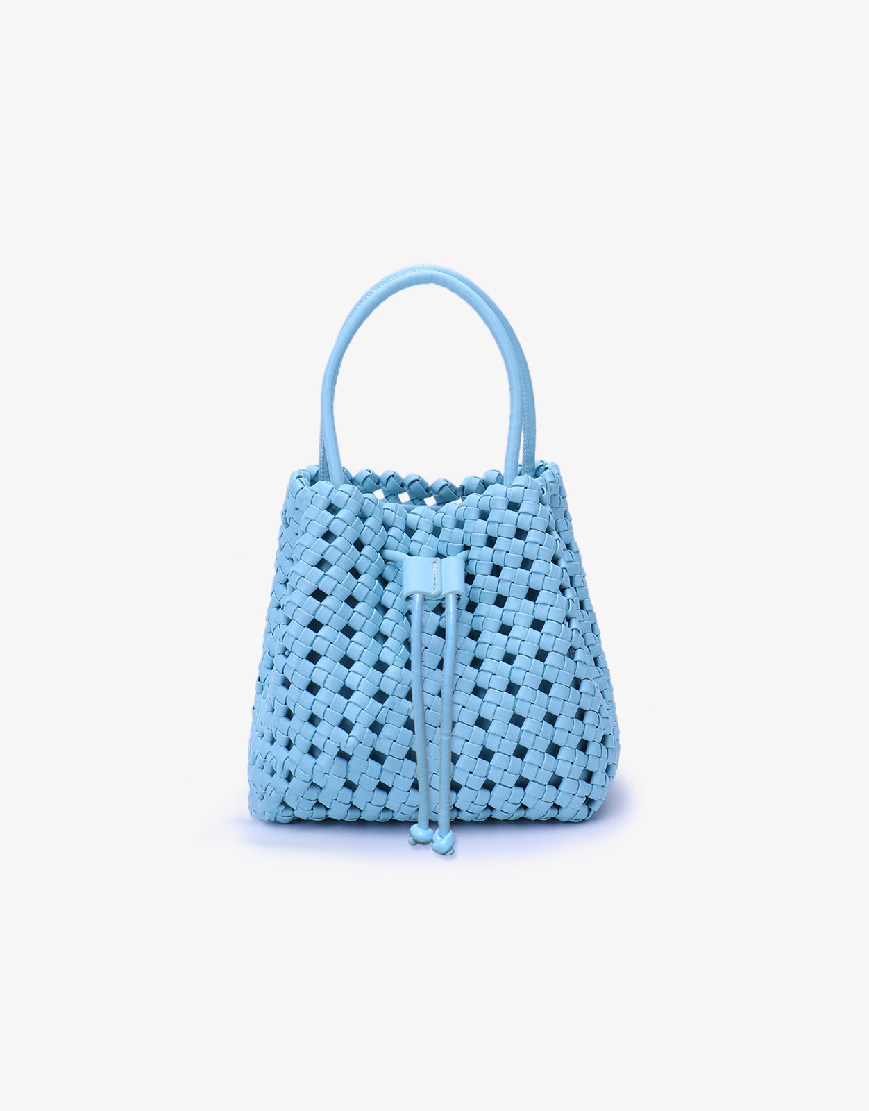 A sky blue woven mini tote with a drawstring closure and nickel hardware, displayed against a plain background.